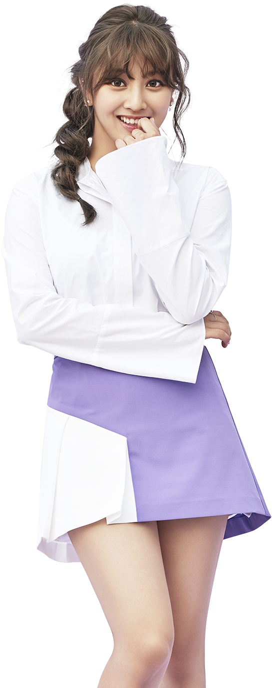 Nakangiting Kpop Idol na Naka-White at Purple na Kasuotan Wallpaper