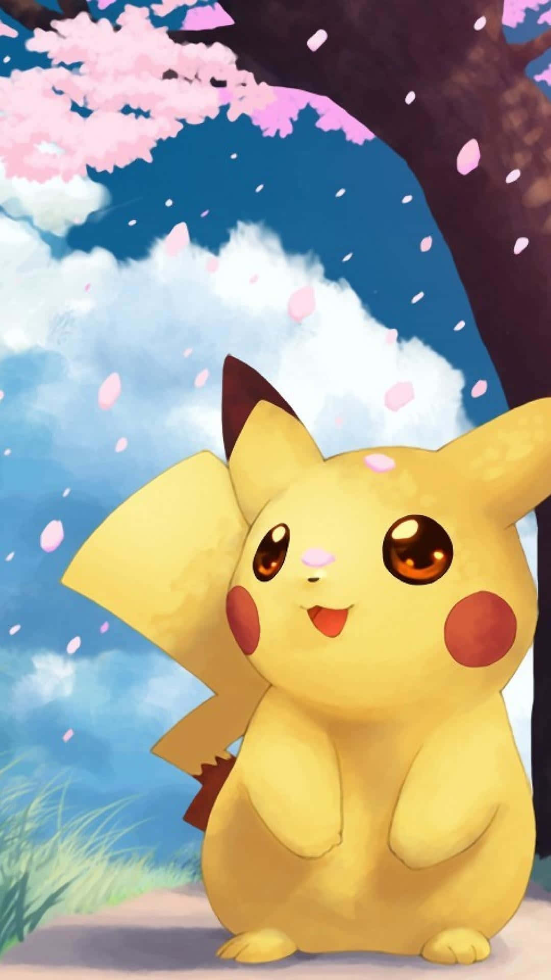 Nakatutuwang Pikachu na Nakaupo sa Isang Trosong Kahoy Wallpaper