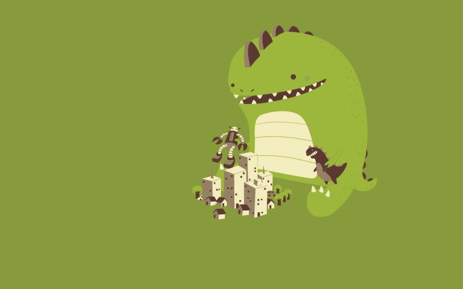Nakatutuwang Sanggol na Dinosaur na Nakangiti sa Gitna ng mga Puno Wallpaper