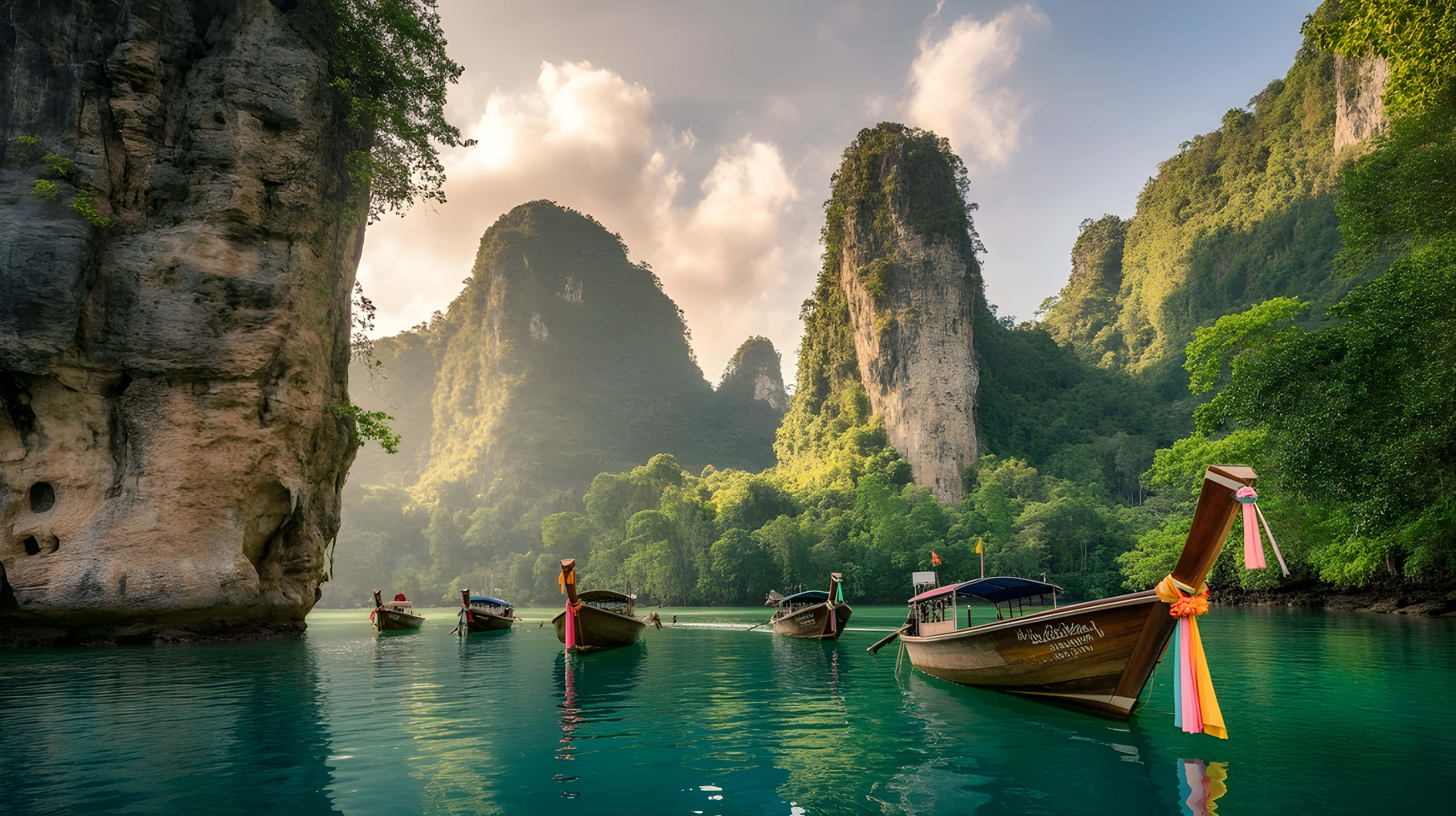Napakagandang Limestone Karst at Tradisyonal na Longtail Boat Wallpaper