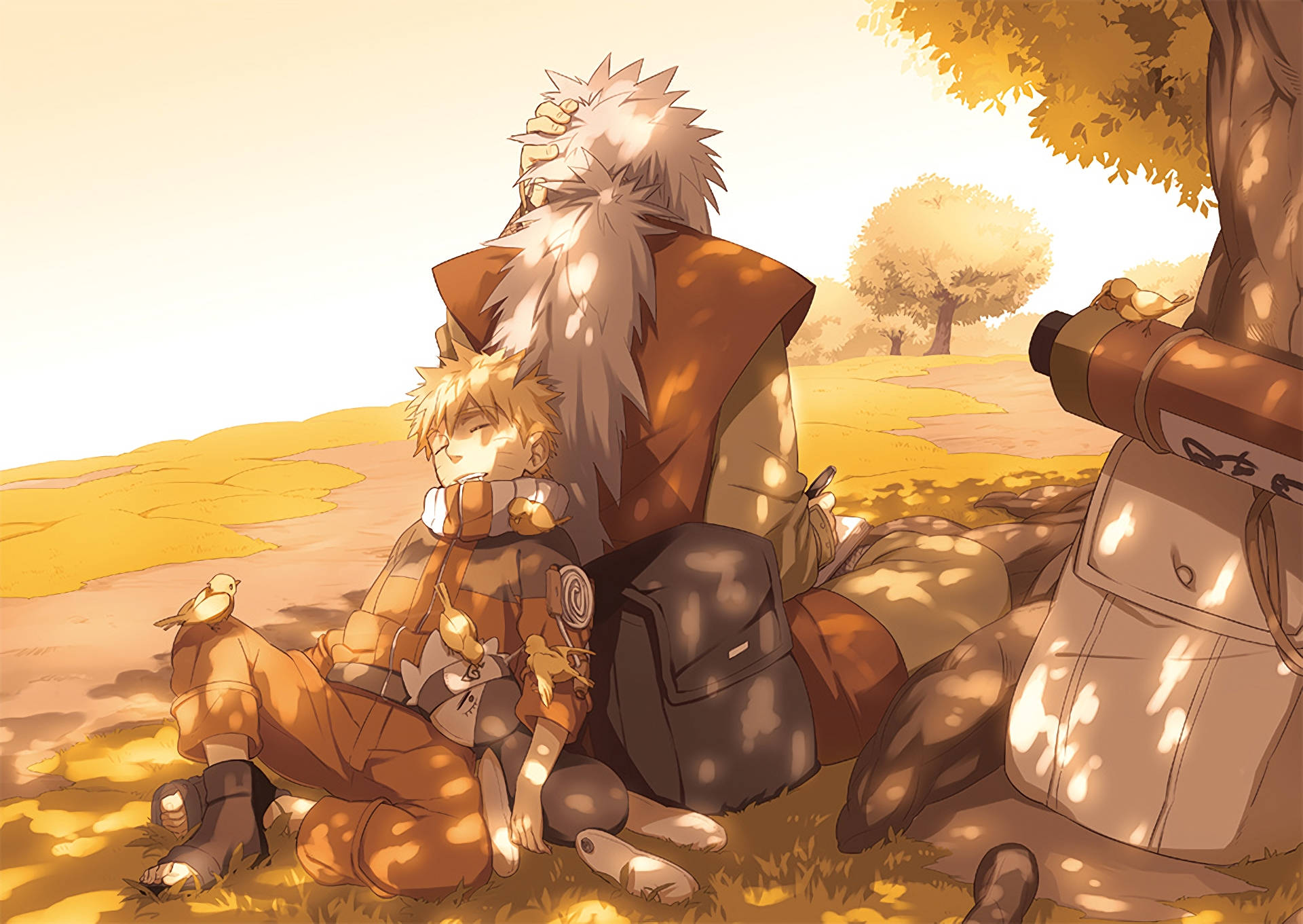 Natutulog na si Naruto Uzumaki kasama si Jiraiya Wallpaper