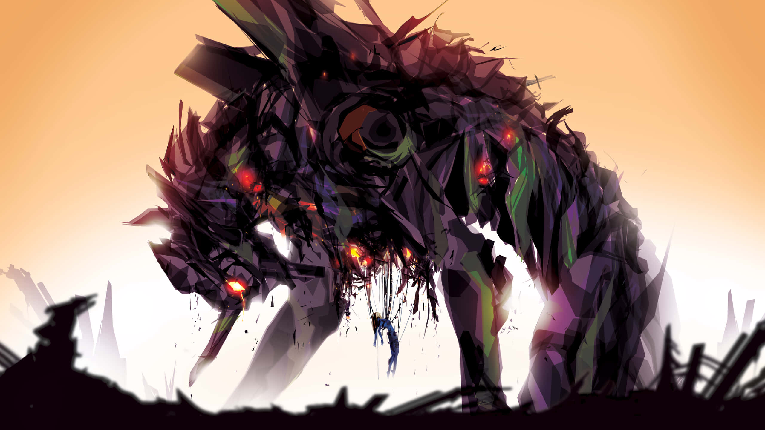 Neon Genesis Evangelion: Futuristicong Mecha Guardian Laban sa Takipsilim na Langit Wallpaper