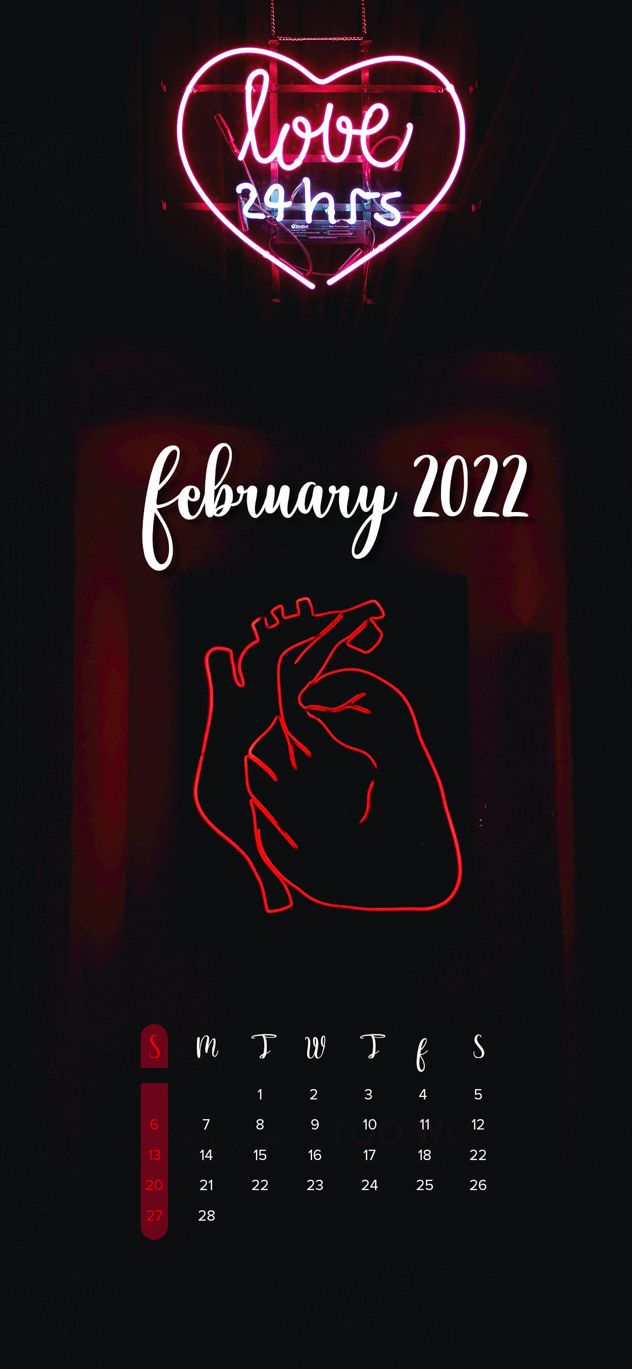 Neon Heart February 2022 Calendar Wallpaper