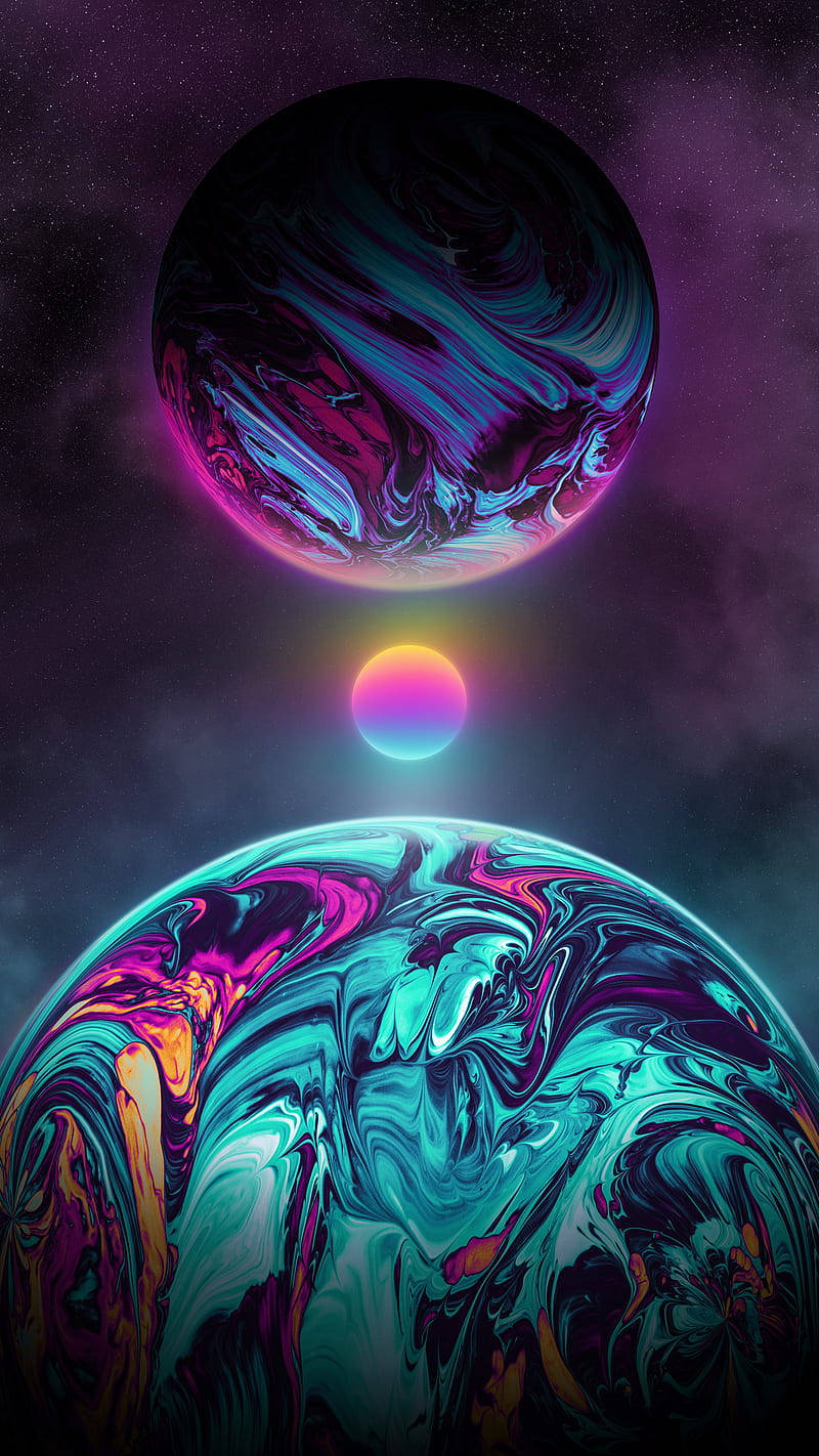 Neon na Buwan at Maliwanag na mga Planeta Wallpaper