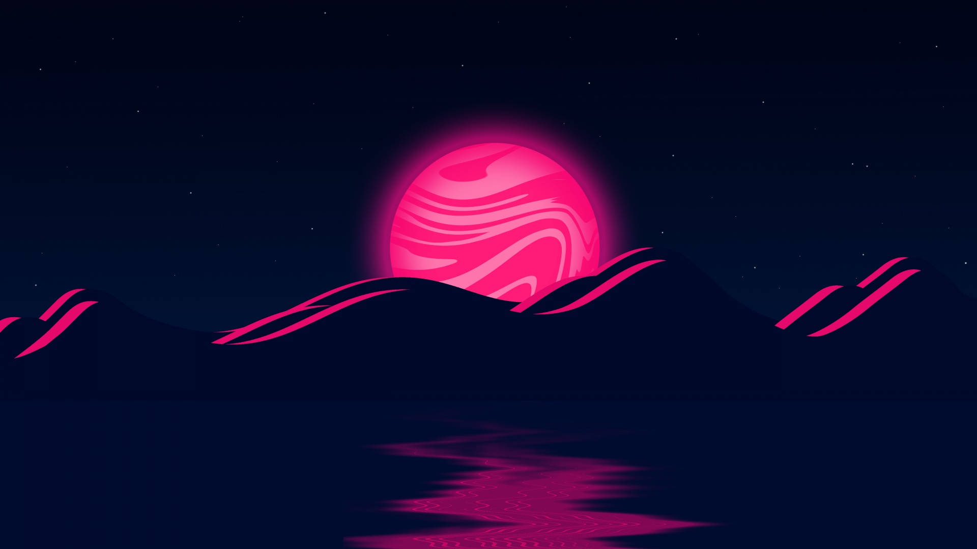 Neon na Buwan na Kulay Rosas na Alon Wallpaper