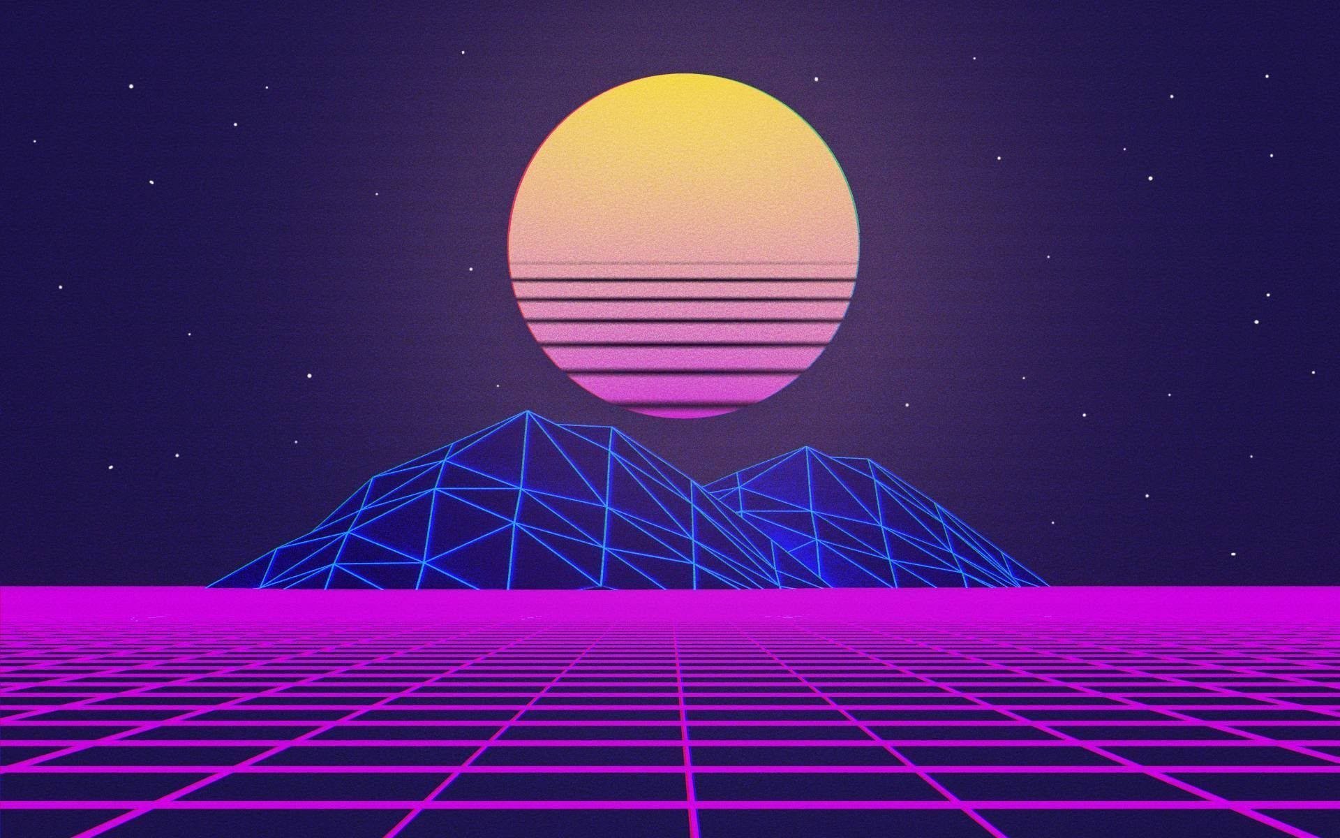 Neon na Buwan sa Bundok na Estilo Indie para sa Laptop Wallpaper