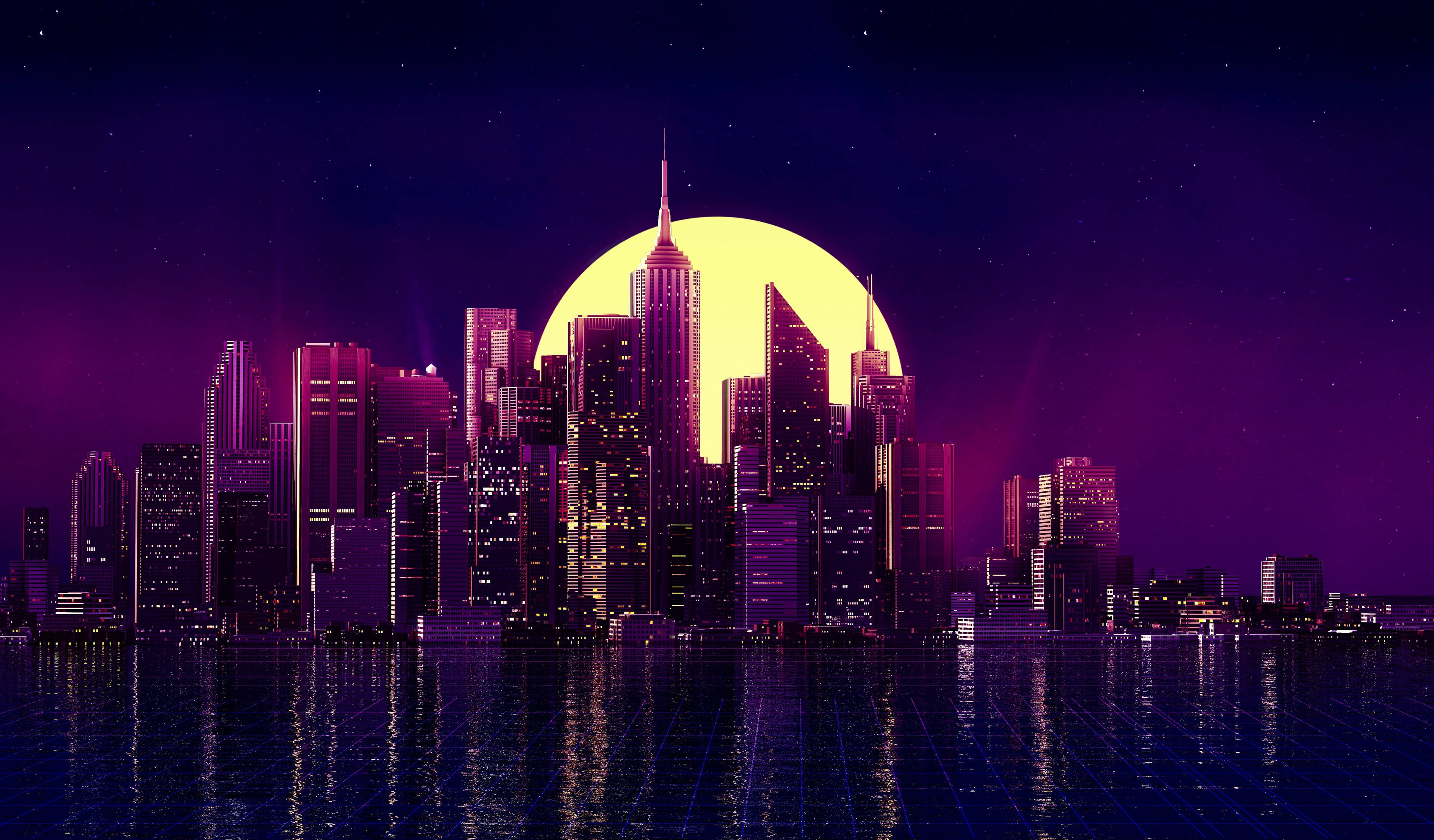 Neon Purple Aesthetic na Lungsod na Liwanag ng Buwan Wallpaper