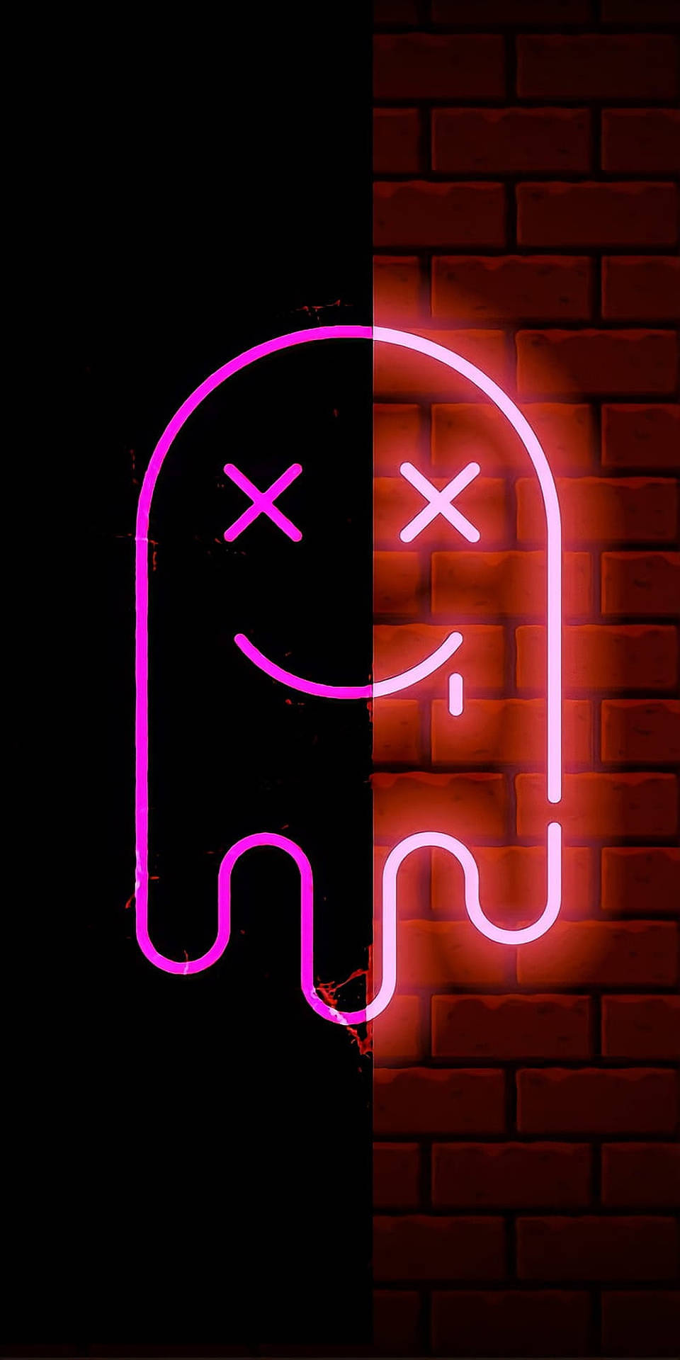 neon sign na may ngiting mukha sa brick wall Wallpaper