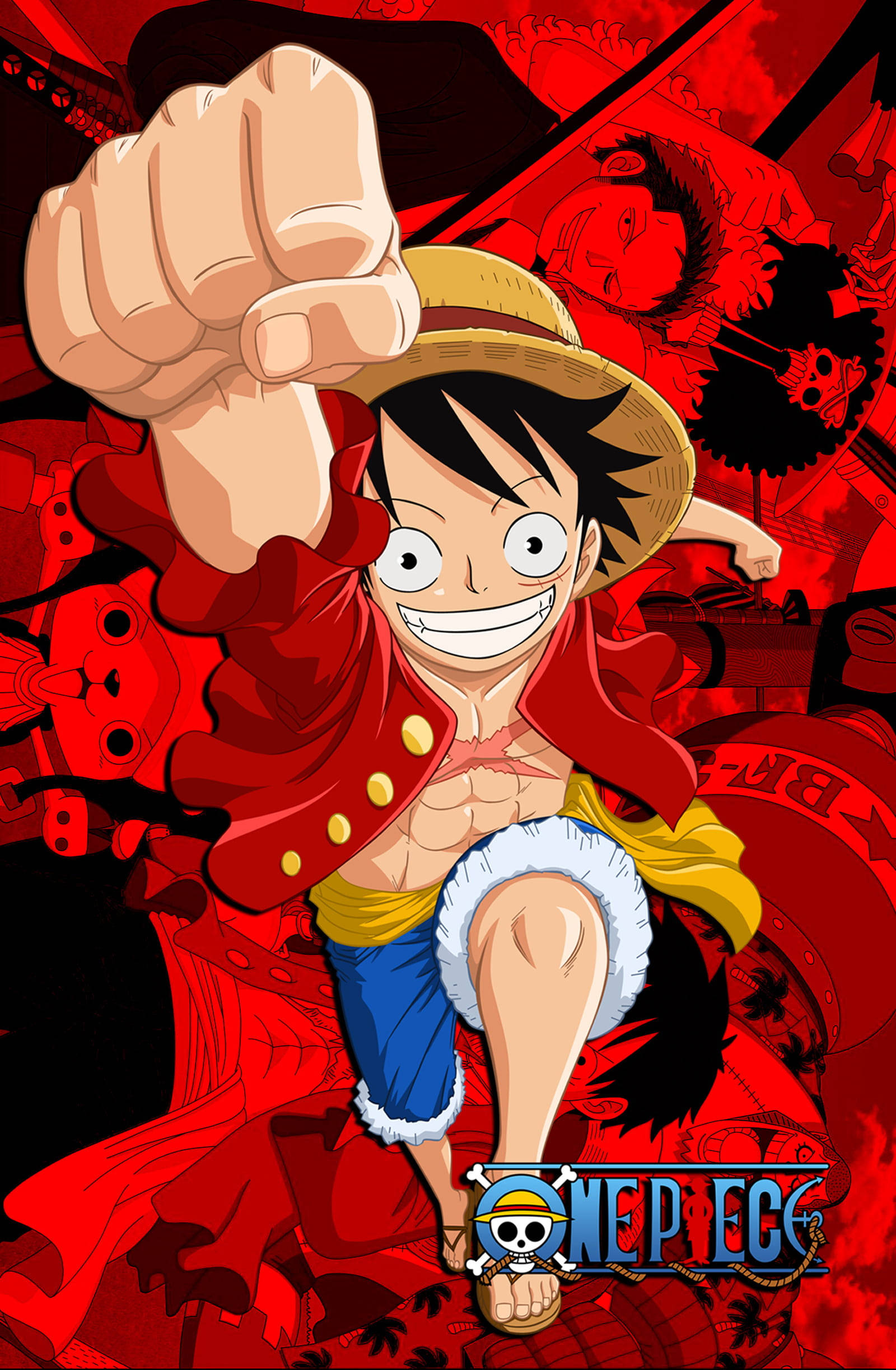 One Piece Luffy PFP Red Poster Kasama ang mga Pirates Wallpaper