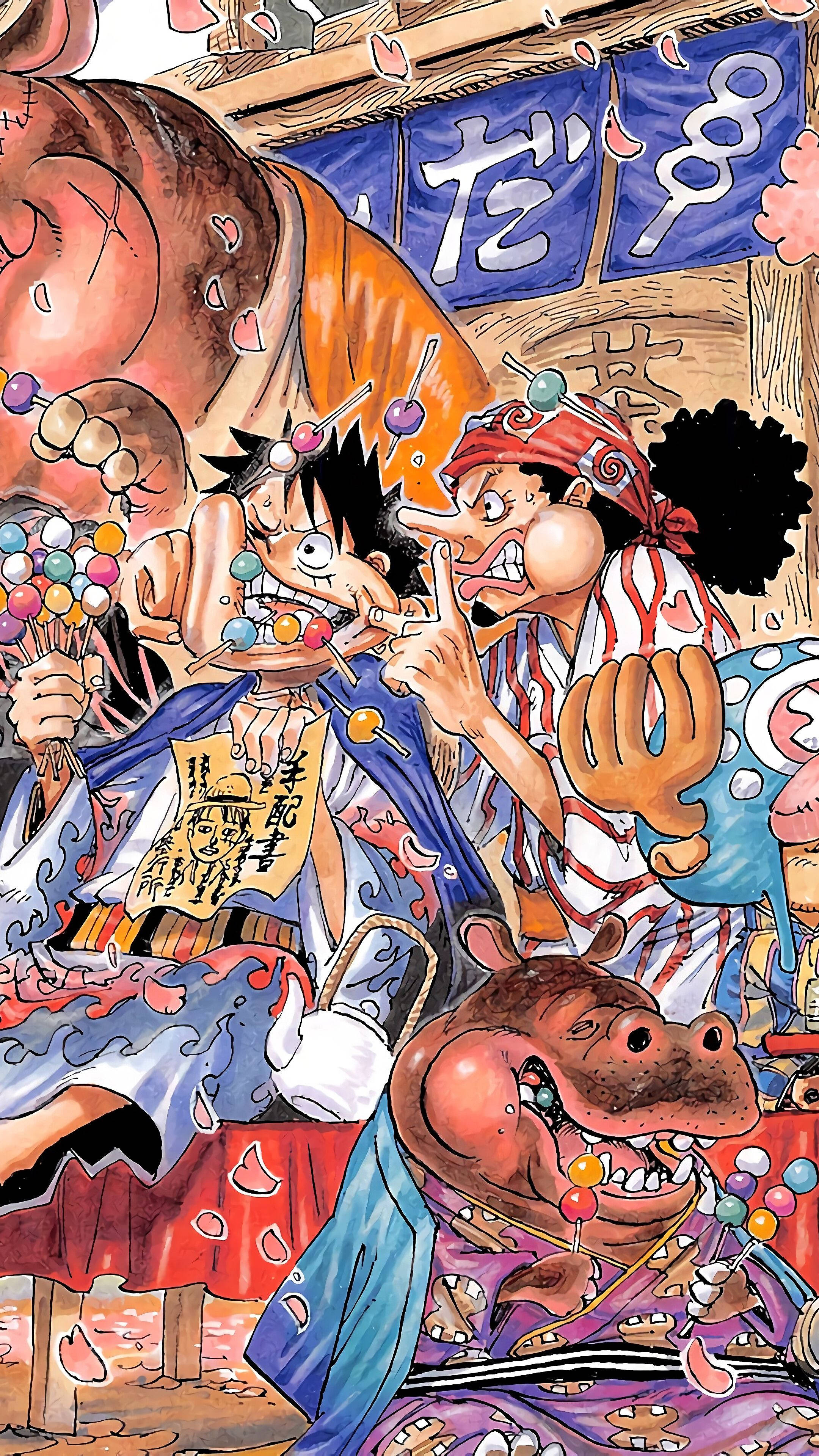 One Piece Phone Luffy At Usopp Kumakain ng Dango Wallpaper