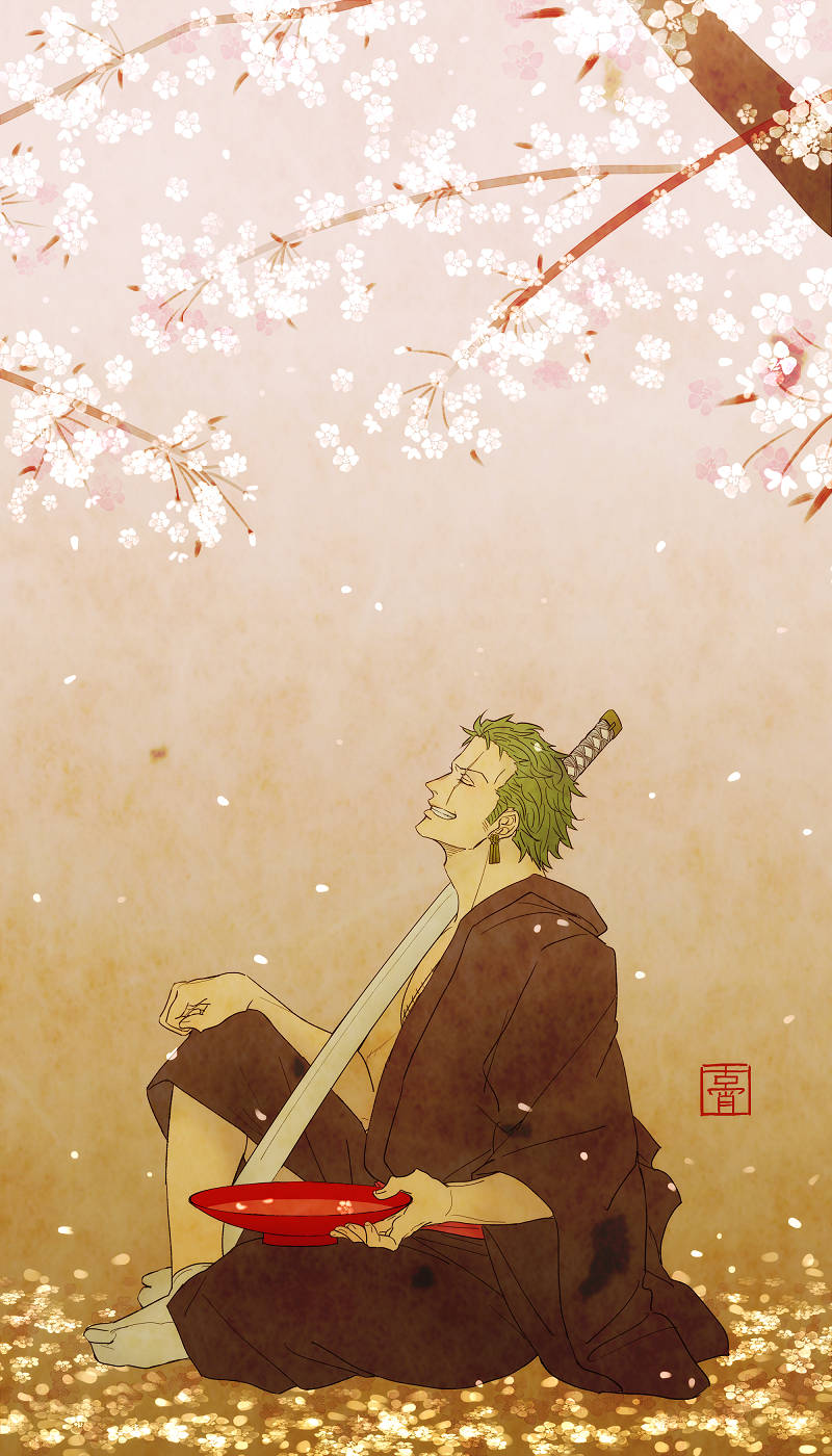 One Piece Phone Zoro sa Ilalim ng Sakura Wallpaper