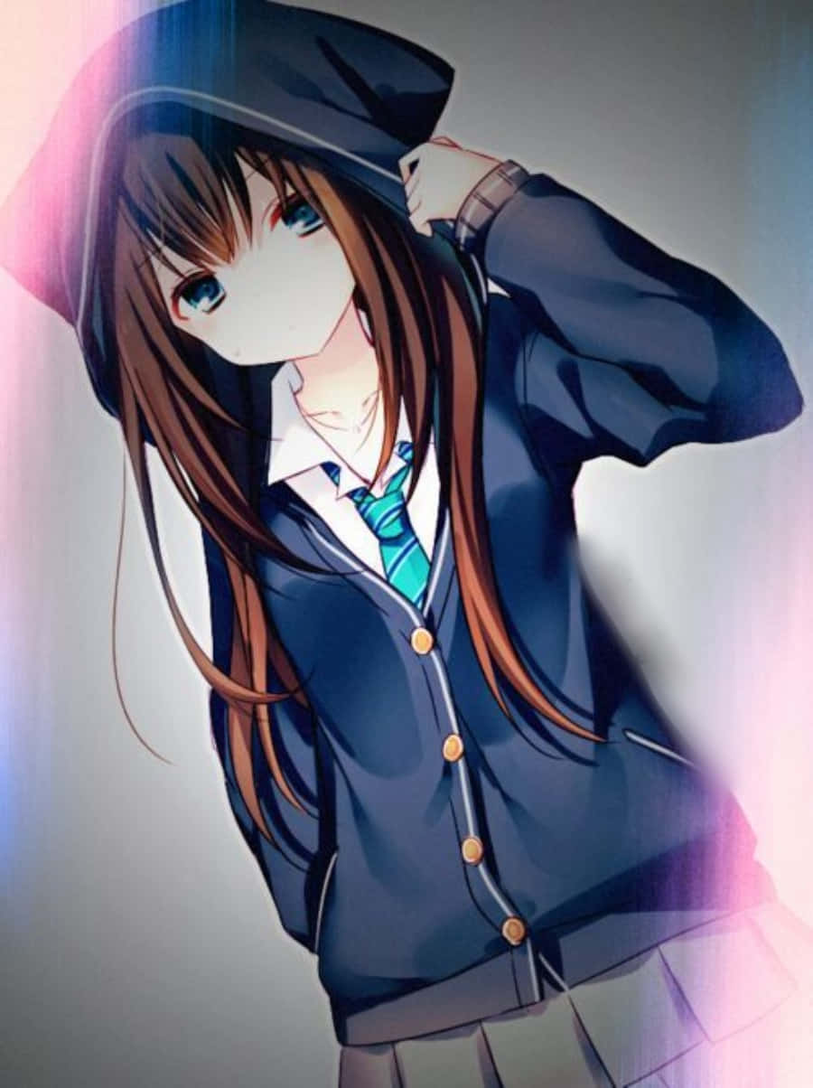 Orihinal na Anime na Babae na may Pink na Hoodie Wallpaper