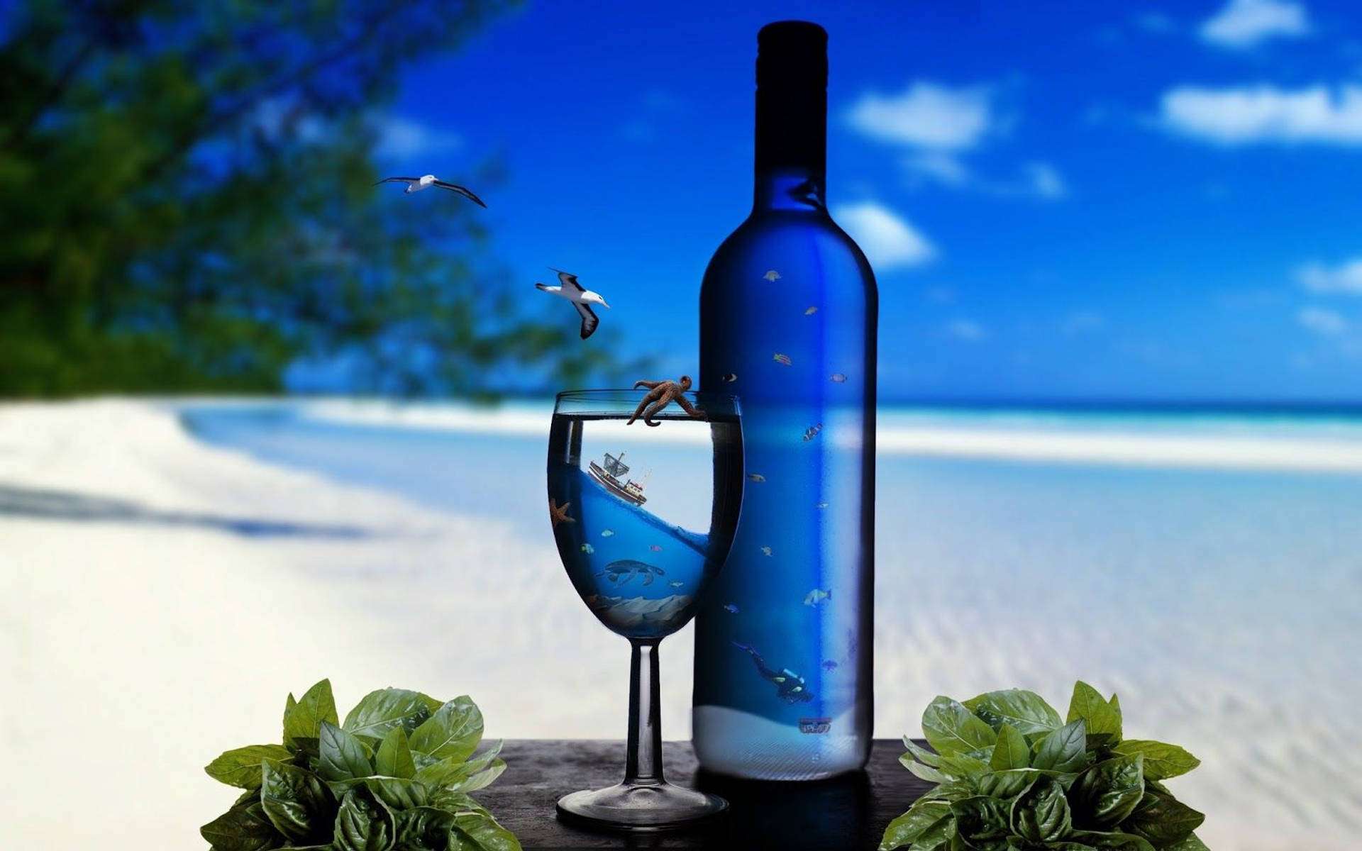 Pag-inom ng Malamig na Inumin sa Dalampasigan Wallpaper