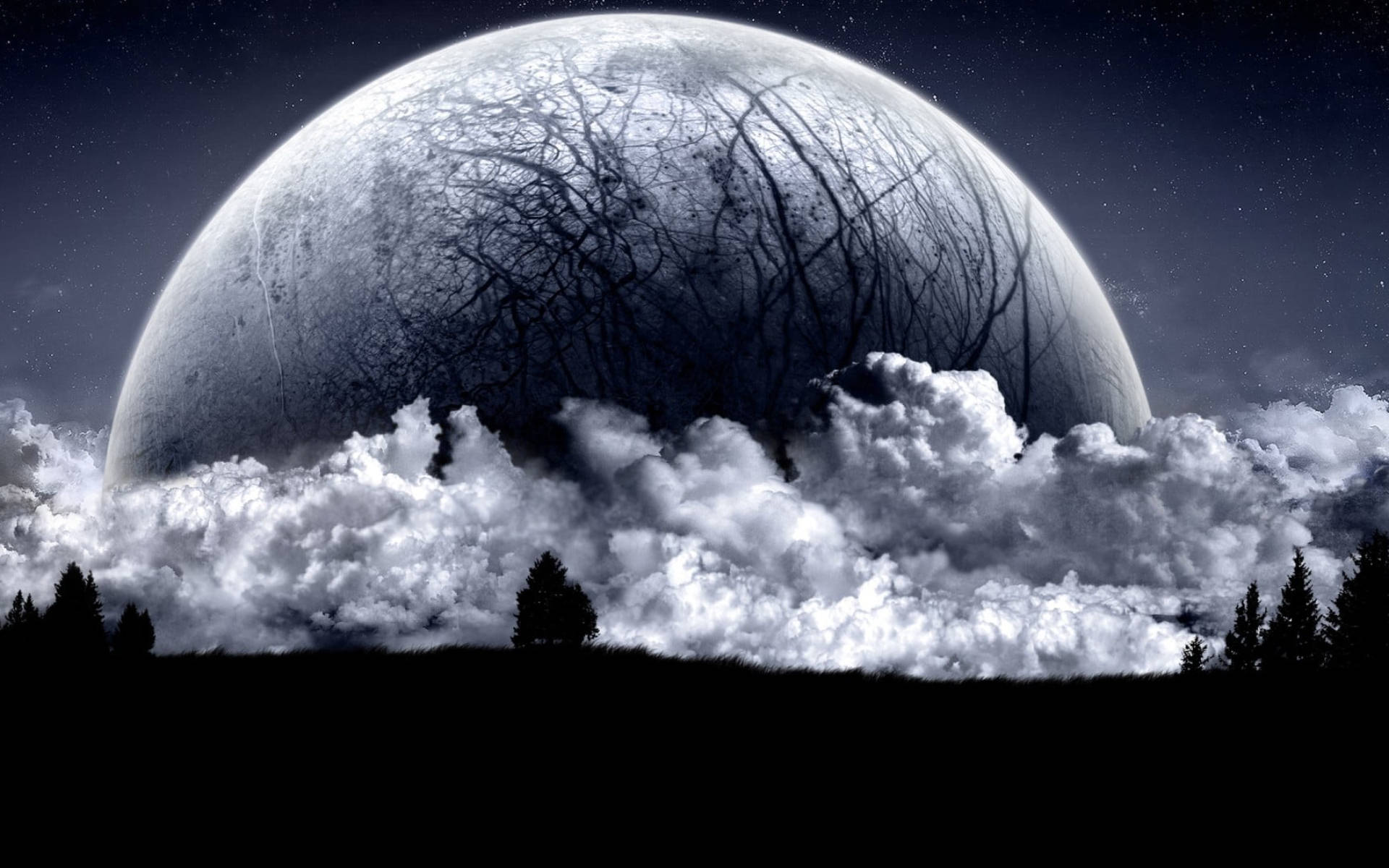 Pagbangga ng Galaxy Moon at Field Wallpaper