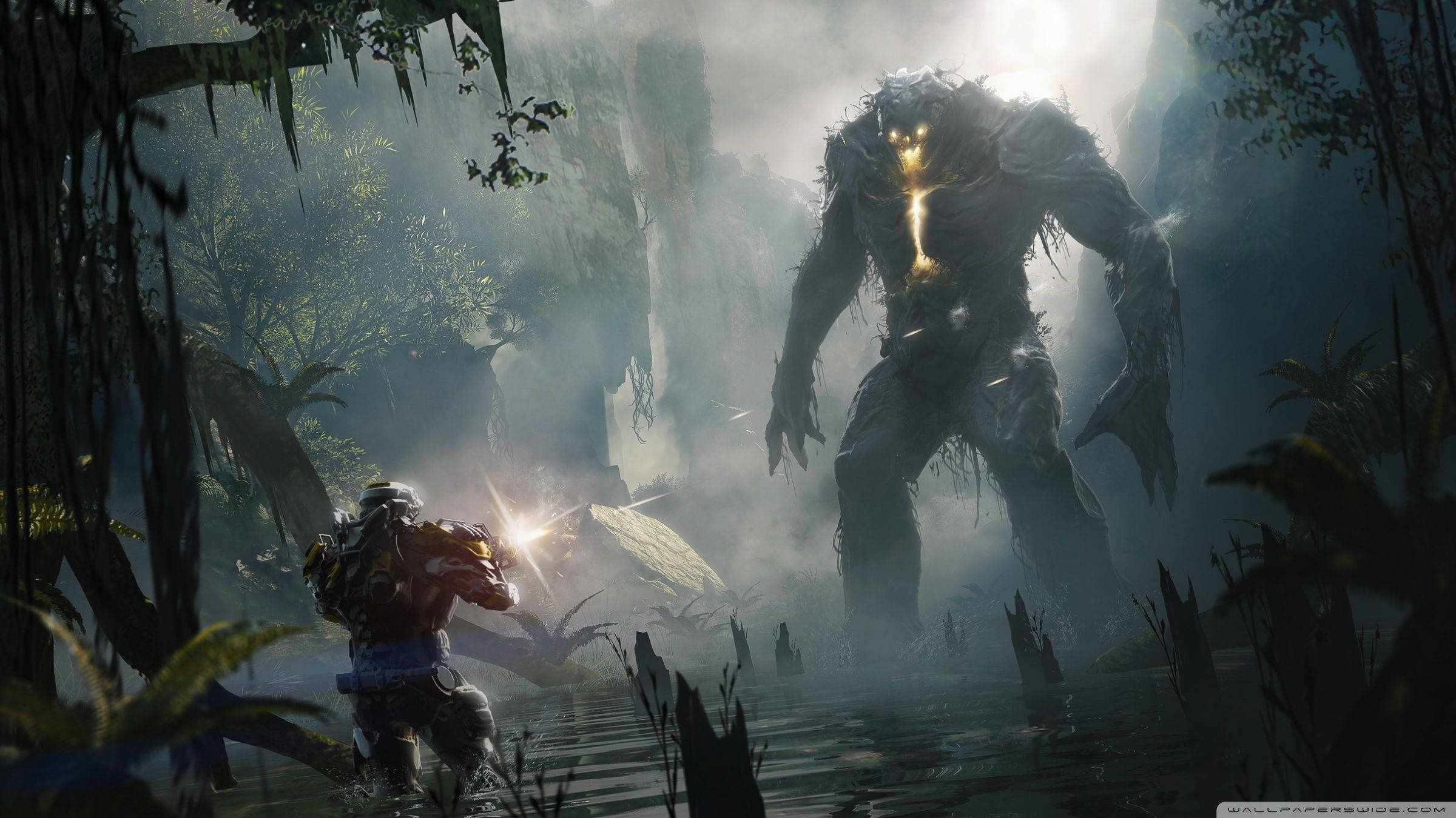 Pagharap sa pagitan ng Javelin at kaaway sa epikong sci-fi game, Anthem. Wallpaper
