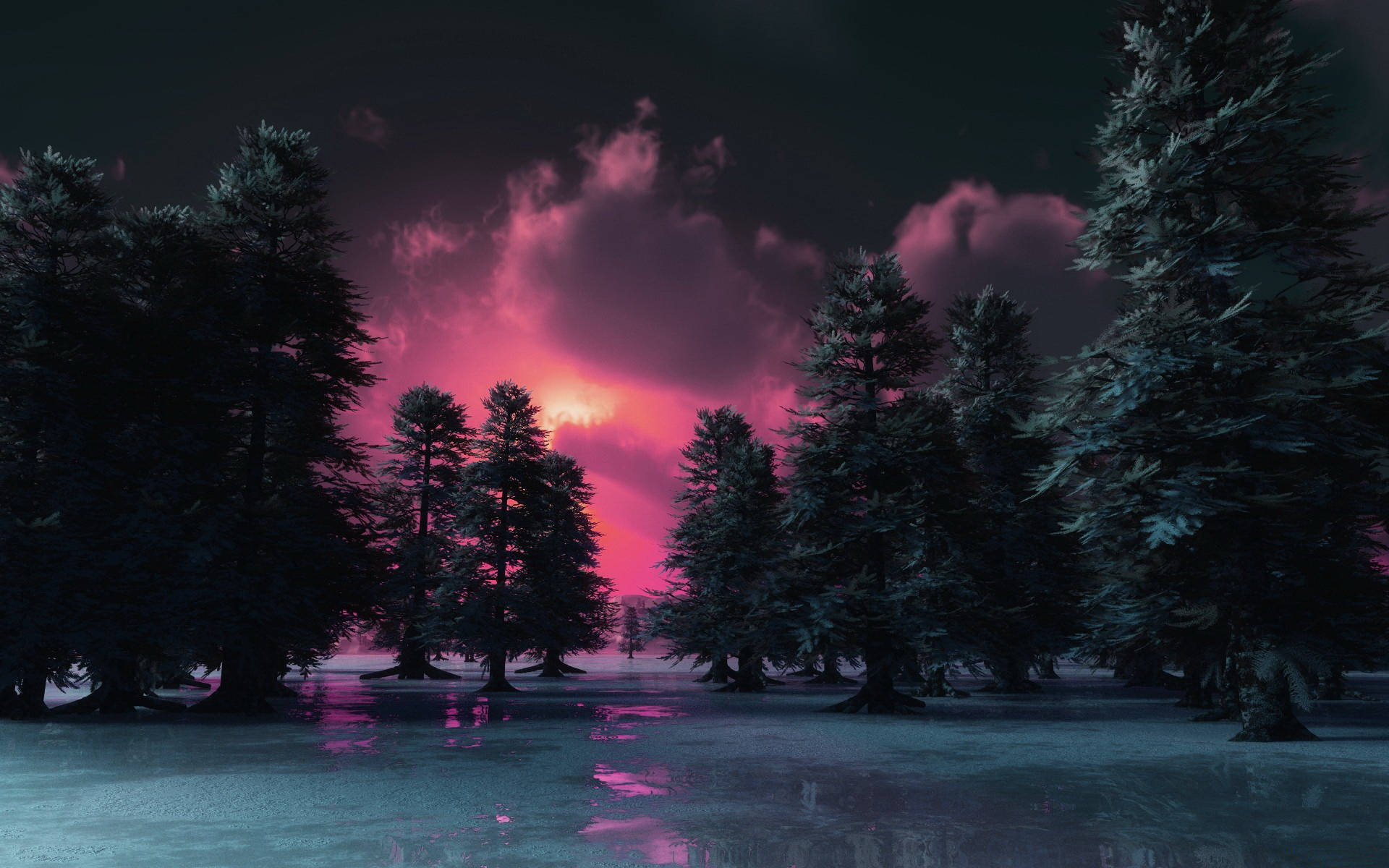 Paglubog ng Araw sa Madilim na Kagubatan Desktop Wallpaper