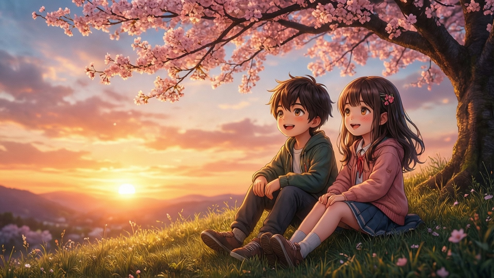 Paglubog ng Araw sa Cherry Blossom para sa mga Bata Wallpaper