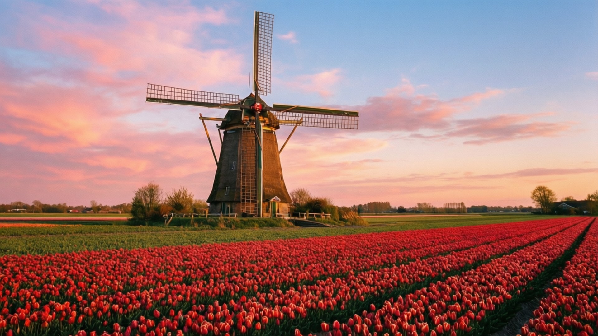 Paglubog ng Araw sa Dutch Windmill Wallpaper