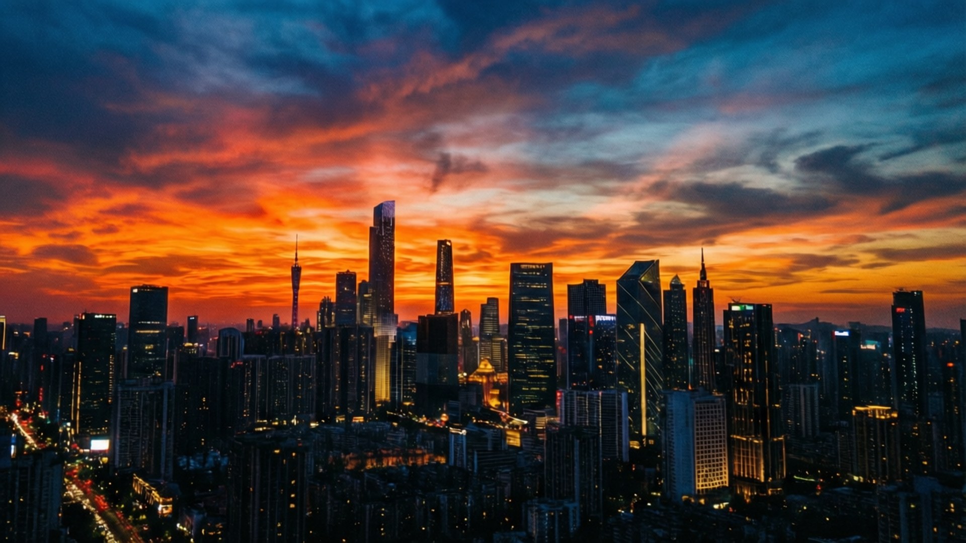 Paglubog ng Araw sa Skyline ng Lungsod Wallpaper