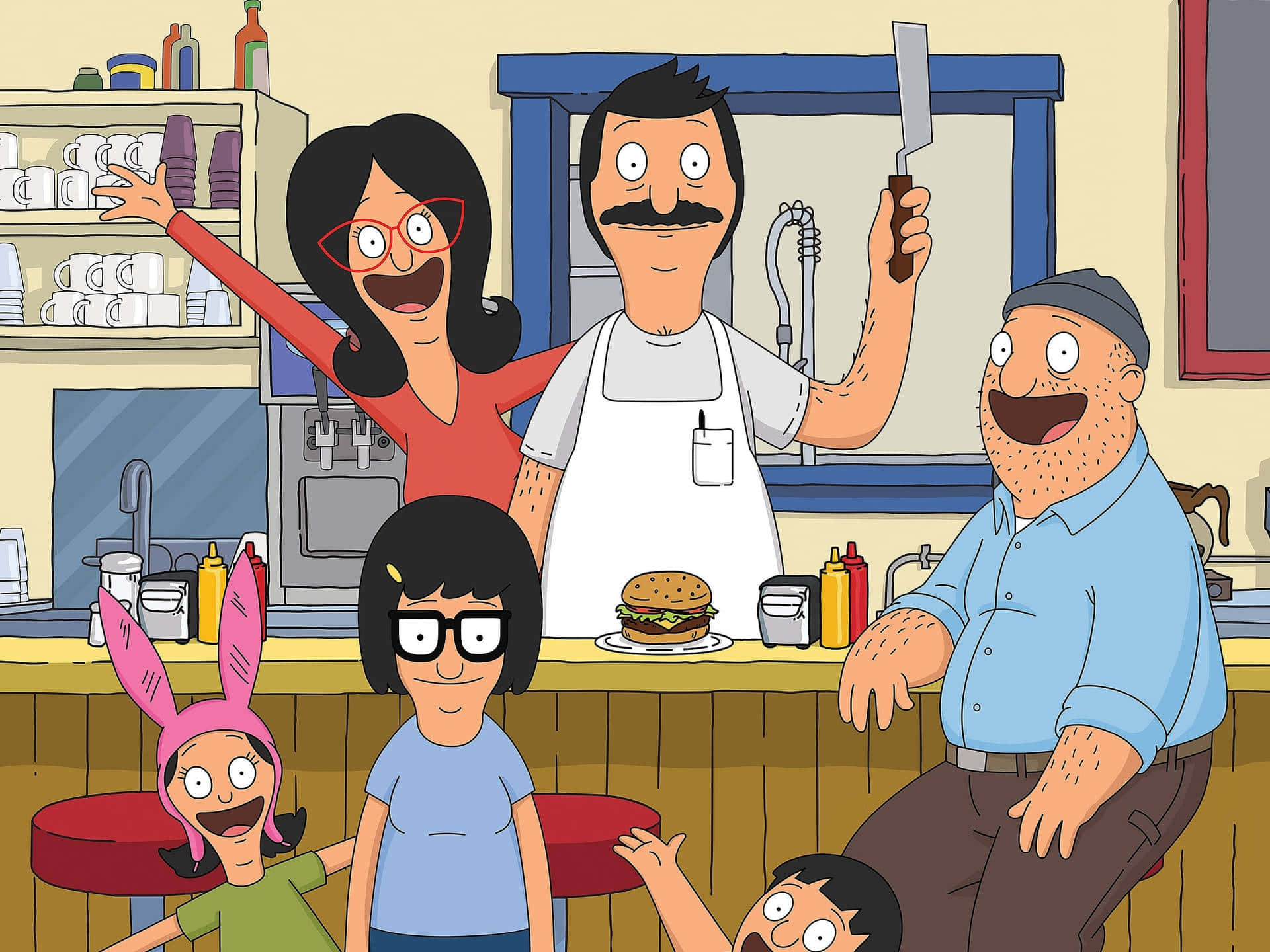 Pamilyang Belcher Kasama si Teddy sa Background ng Bob's Burgers Wallpaper