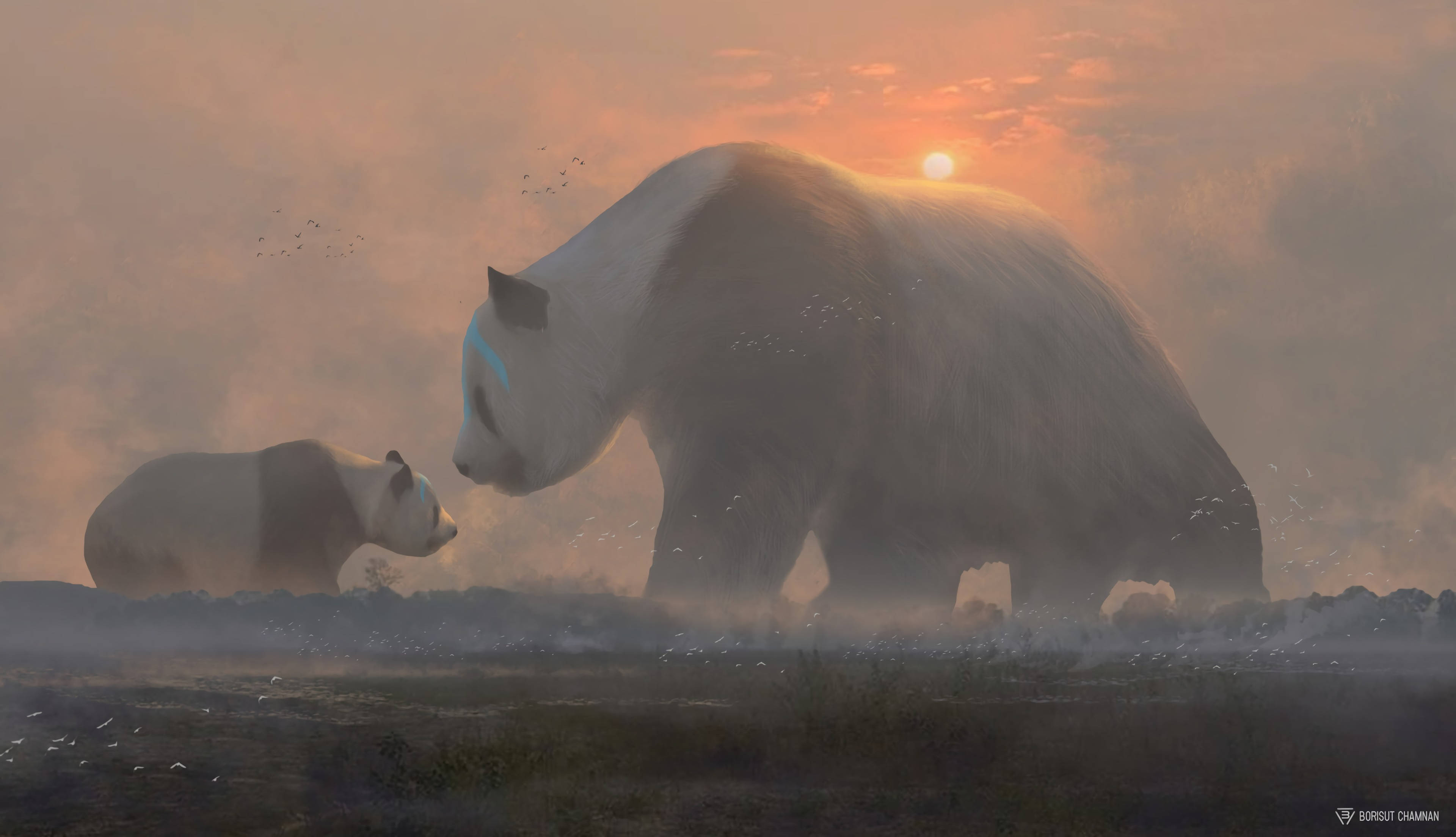 Panda at Anak sa Paglubog ng Araw Wallpaper