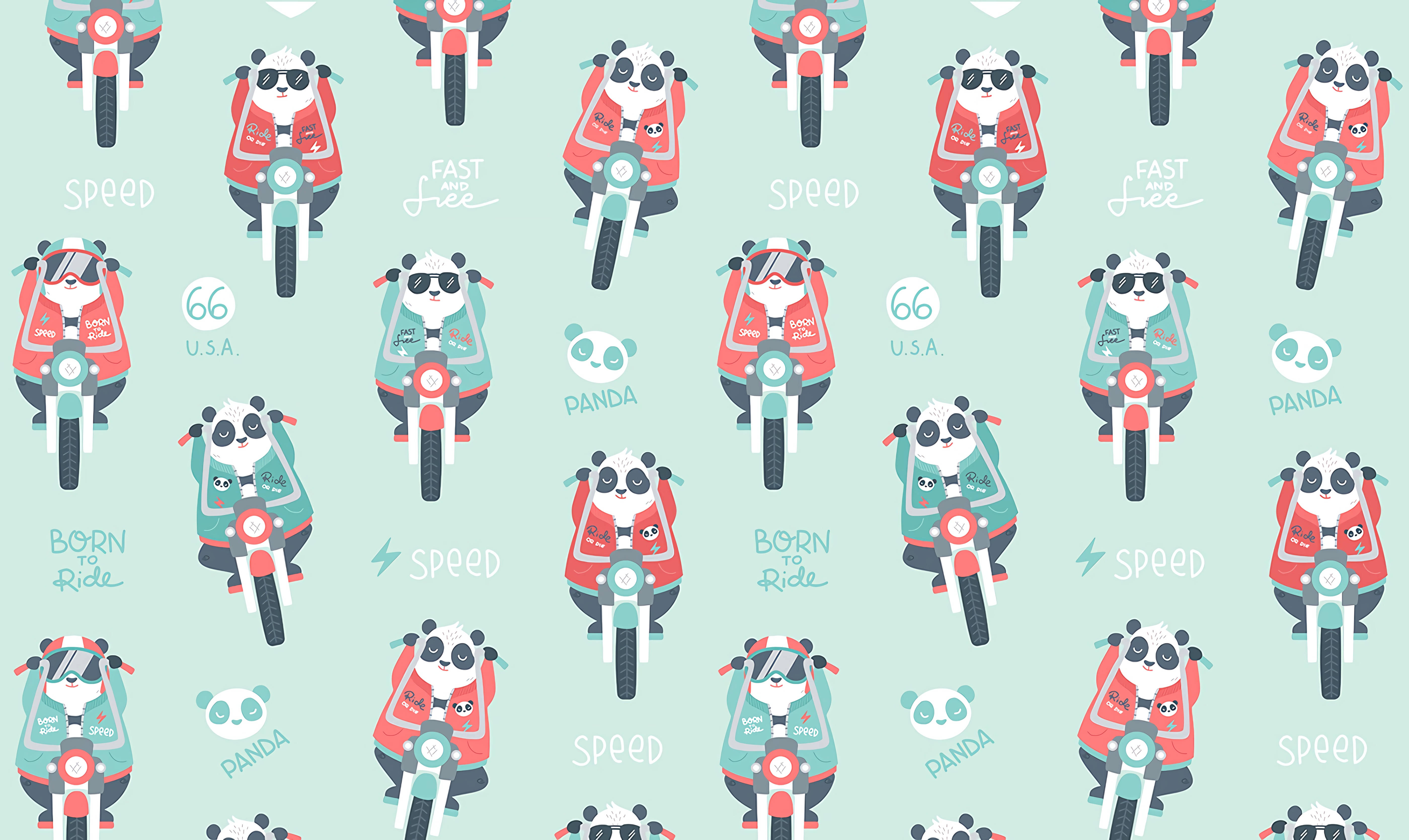 Panda Nakasakay sa Motorsiklo Pattern Wallpaper