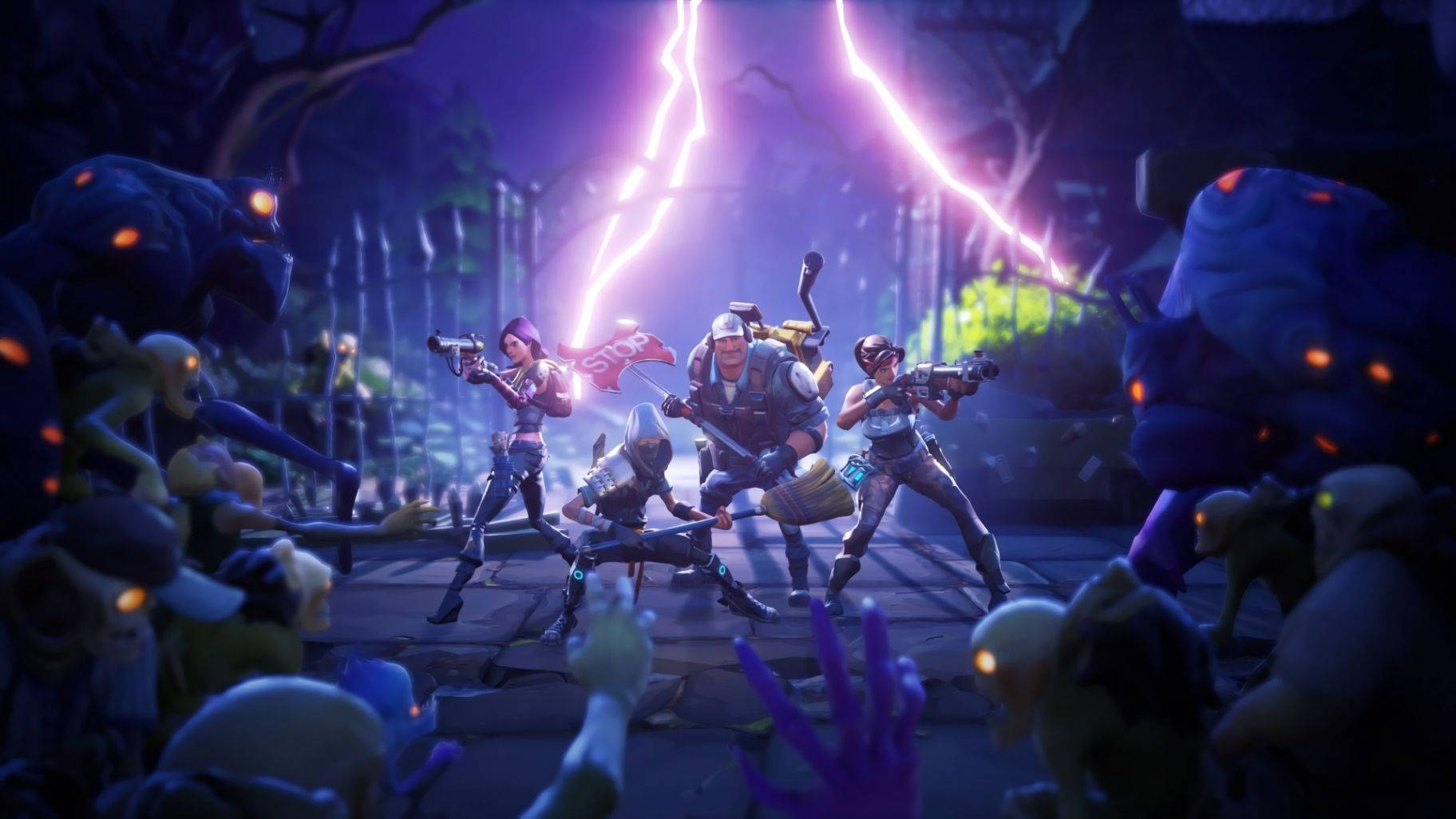 Papalapit sa tensyonadong labanan ng Fortnite sa pagitan ng mga zombie army at matatapang na squad Wallpaper