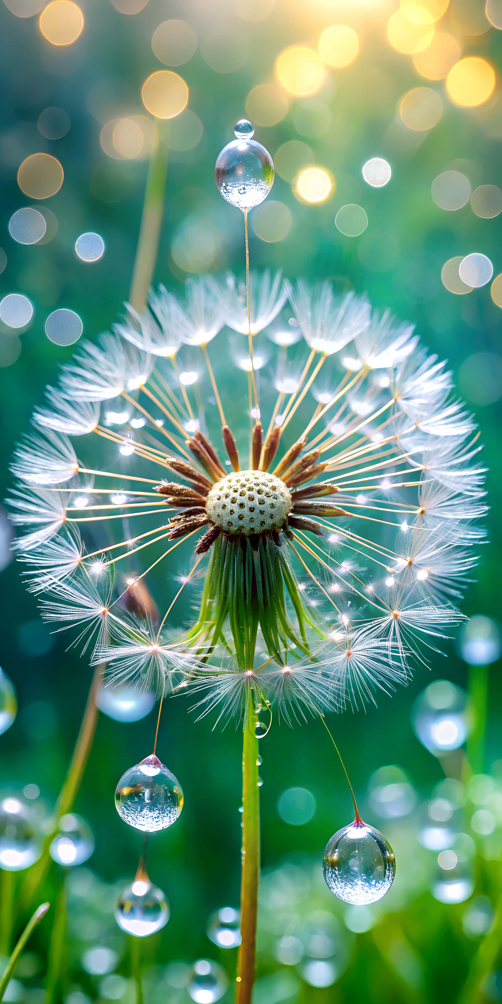 Parasyut ng Butong ng Dandelion bilang Lumulutang Obserbatoryo na may mga Aphid at Lente ng Hamog Wallpaper
