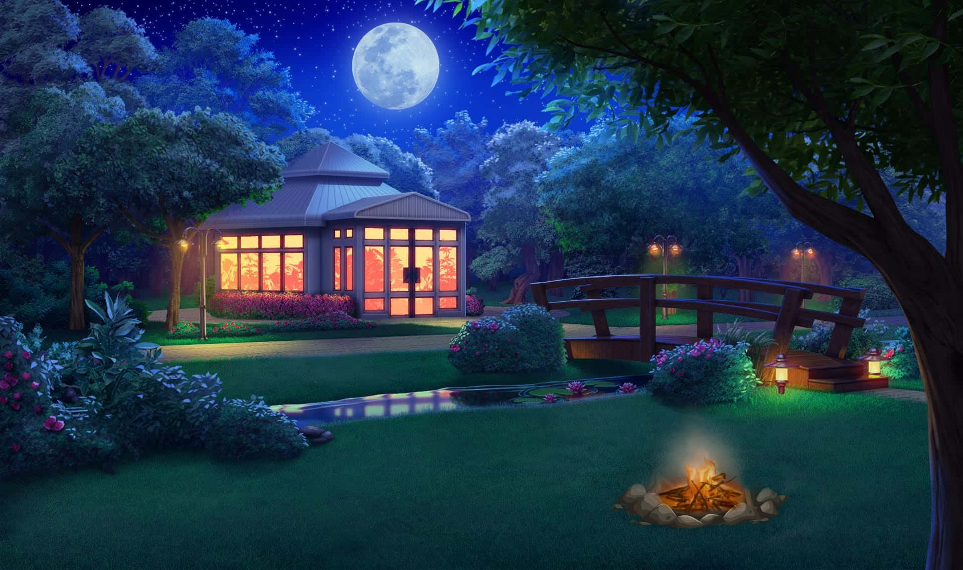 Park na may Buwan sa Gabing Kalangitan sa Labas Wallpaper