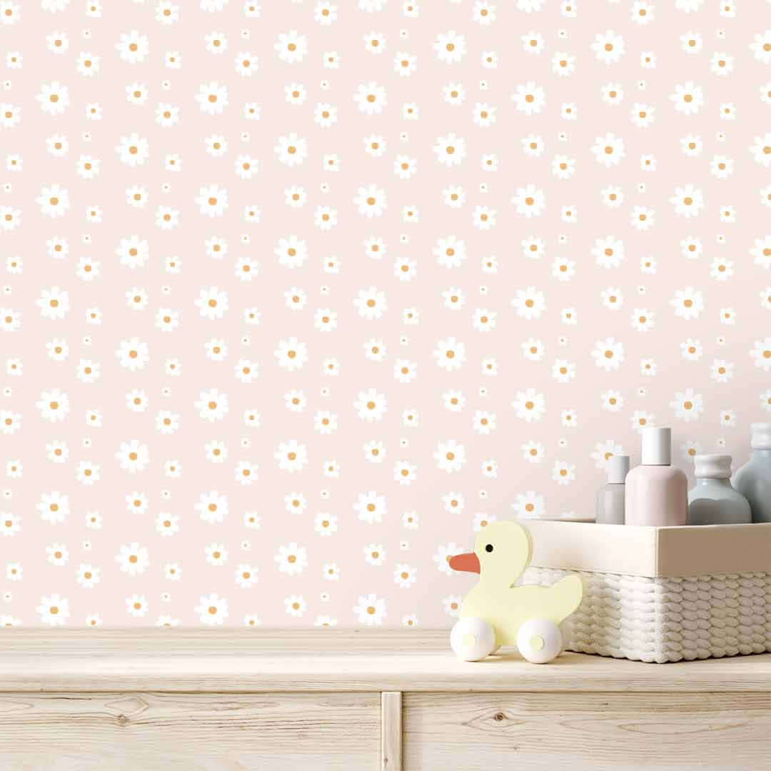 Pastel Pink na Interior na may Daisies Background Wallpaper