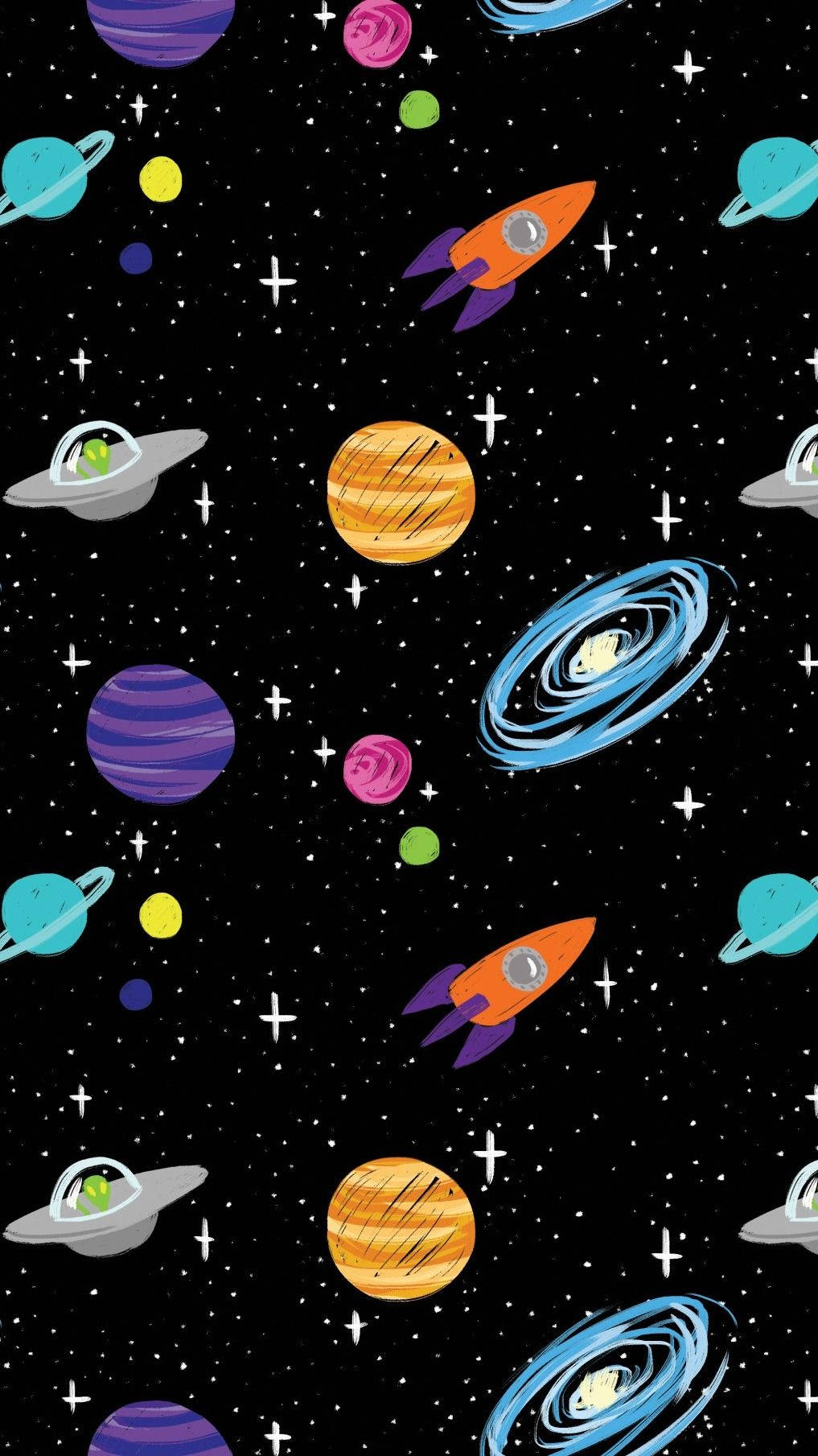 Pattern ng Doodle ng mga Planeta sa Kalawakan Wallpaper