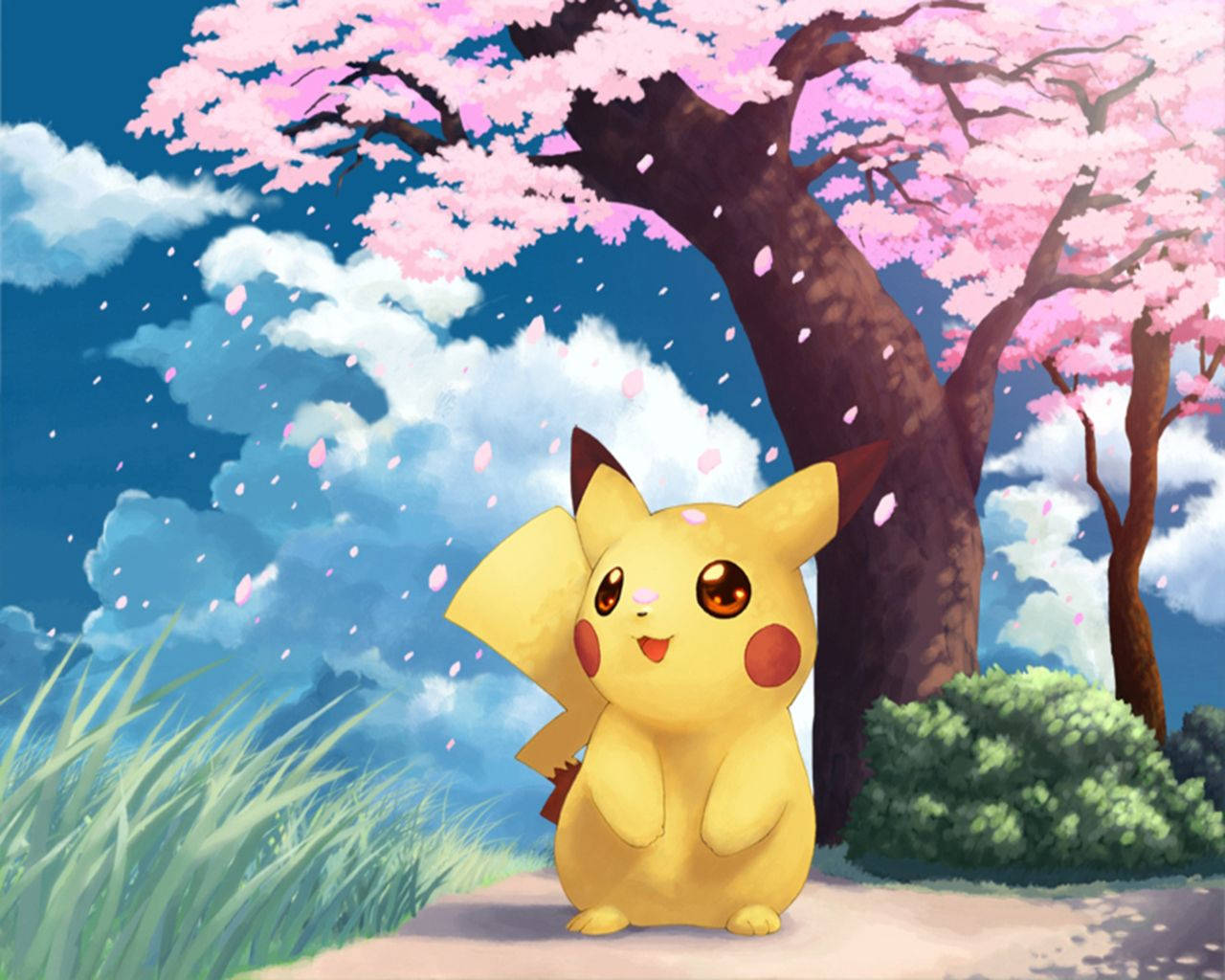 Pikachu sa gitna ng mga cherry blossom Wallpaper