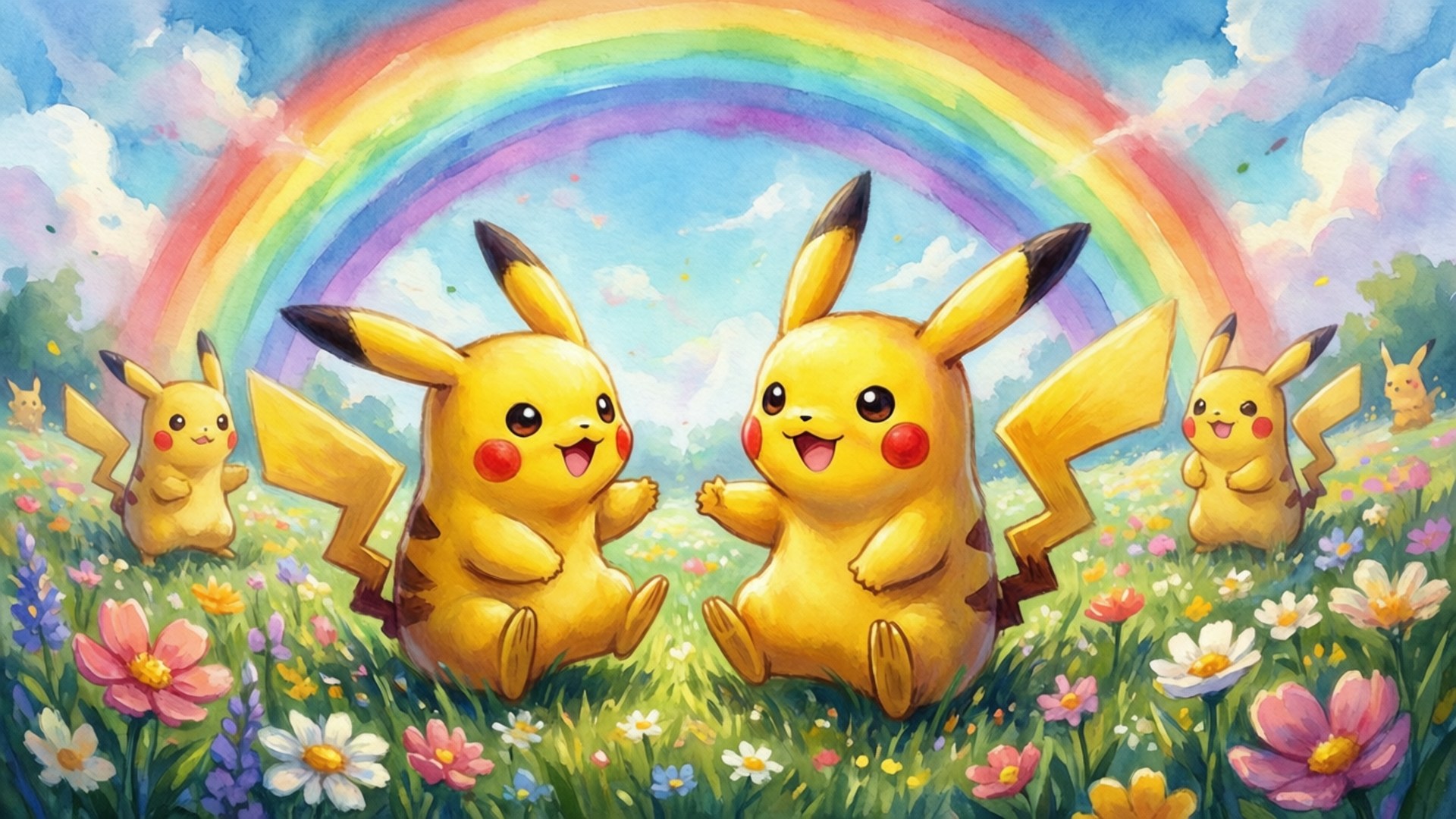 Pikachu sa Patlang ng mga Bulaklak Wallpaper