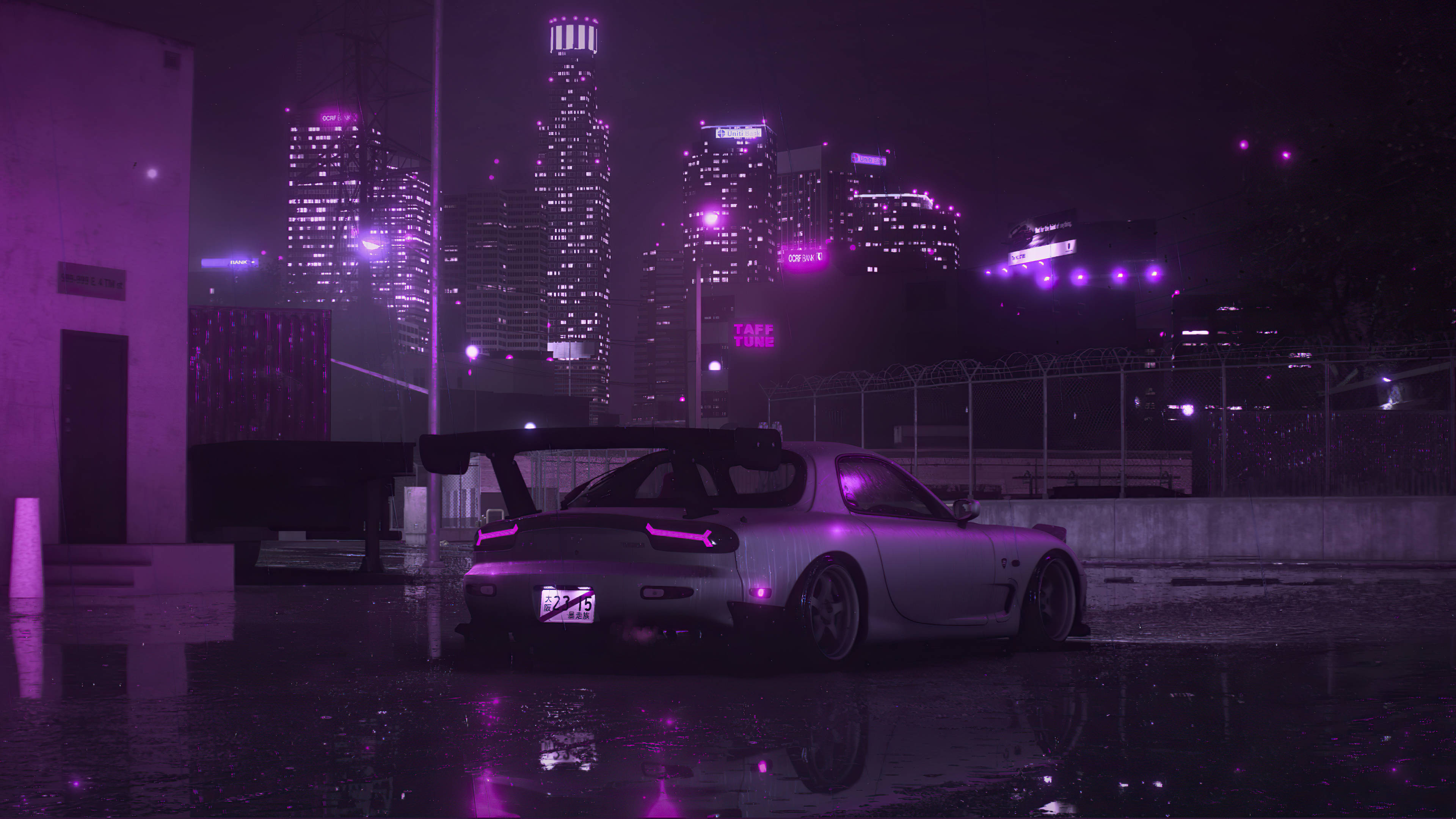 Pilak na RX7 at Lungsod na Lila Wallpaper