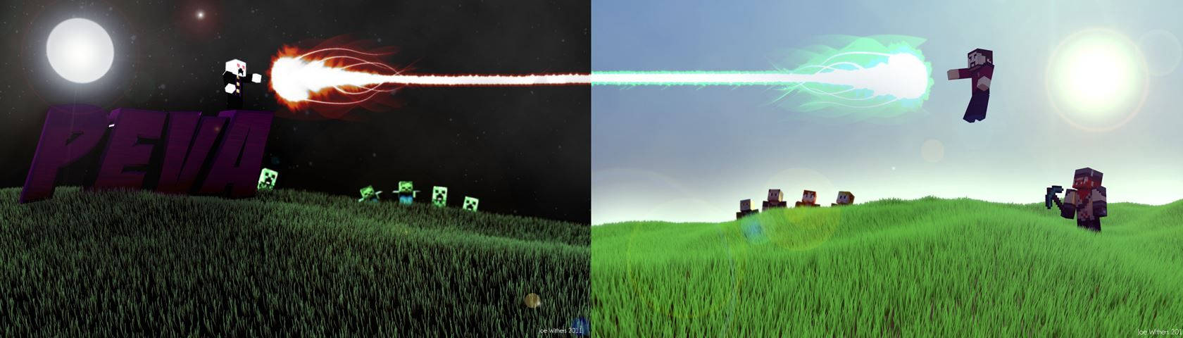 Pinagsamang Fireballs sa Ibabaw ng Isang Mundo ng Minecraft Wallpaper