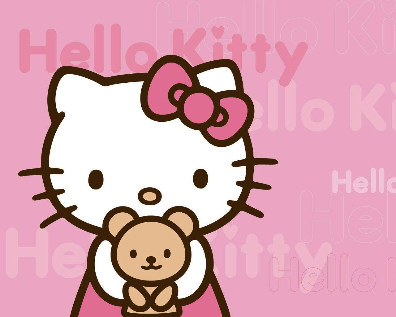 Pink Hello Kitty Kasama ang Teddy Bear Wallpaper
