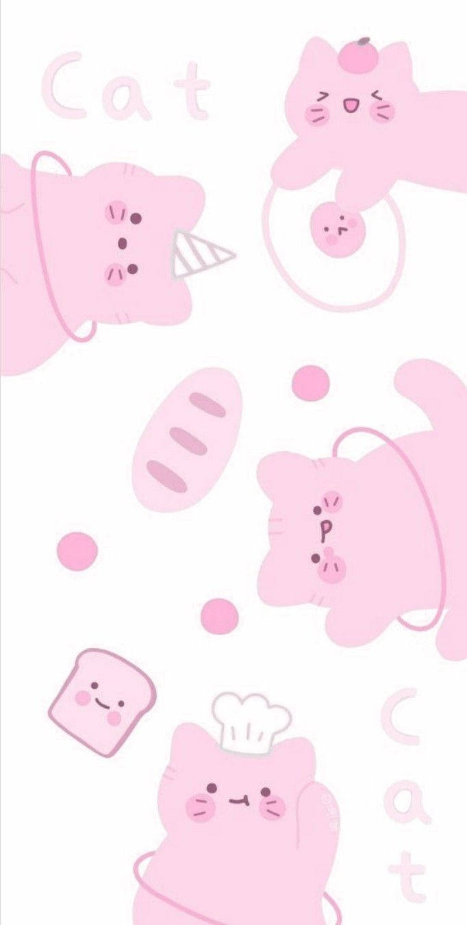 Pink Kawaii Masayang Pusa Wallpaper