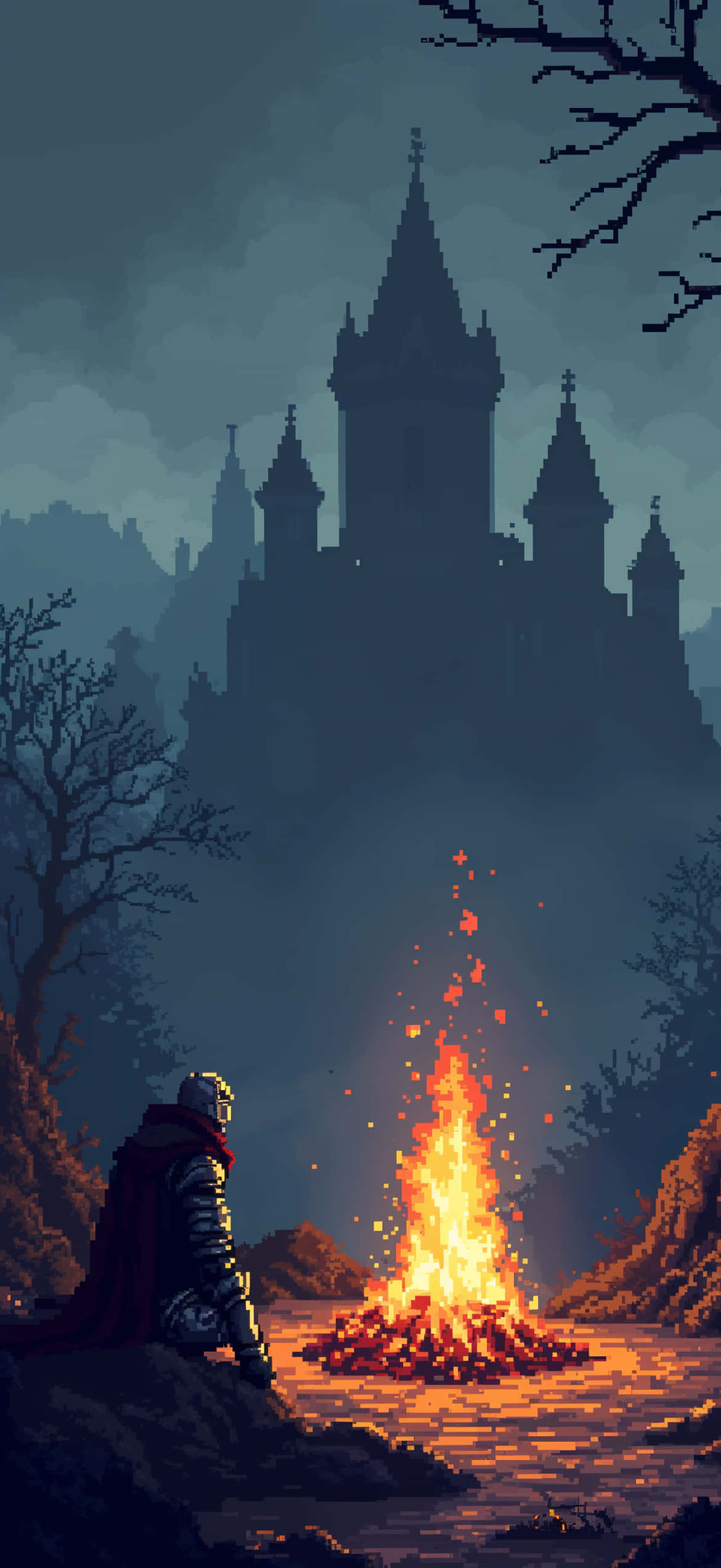 Pixel Art Dark Souls Wallpaper - Eksena sa Campfire - Game Wallpaper