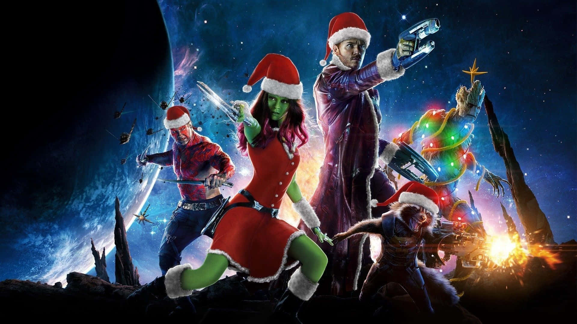 Poster ng Pasko ng Marvel Guardians Of The Galaxy na may Santa Hat Wallpaper