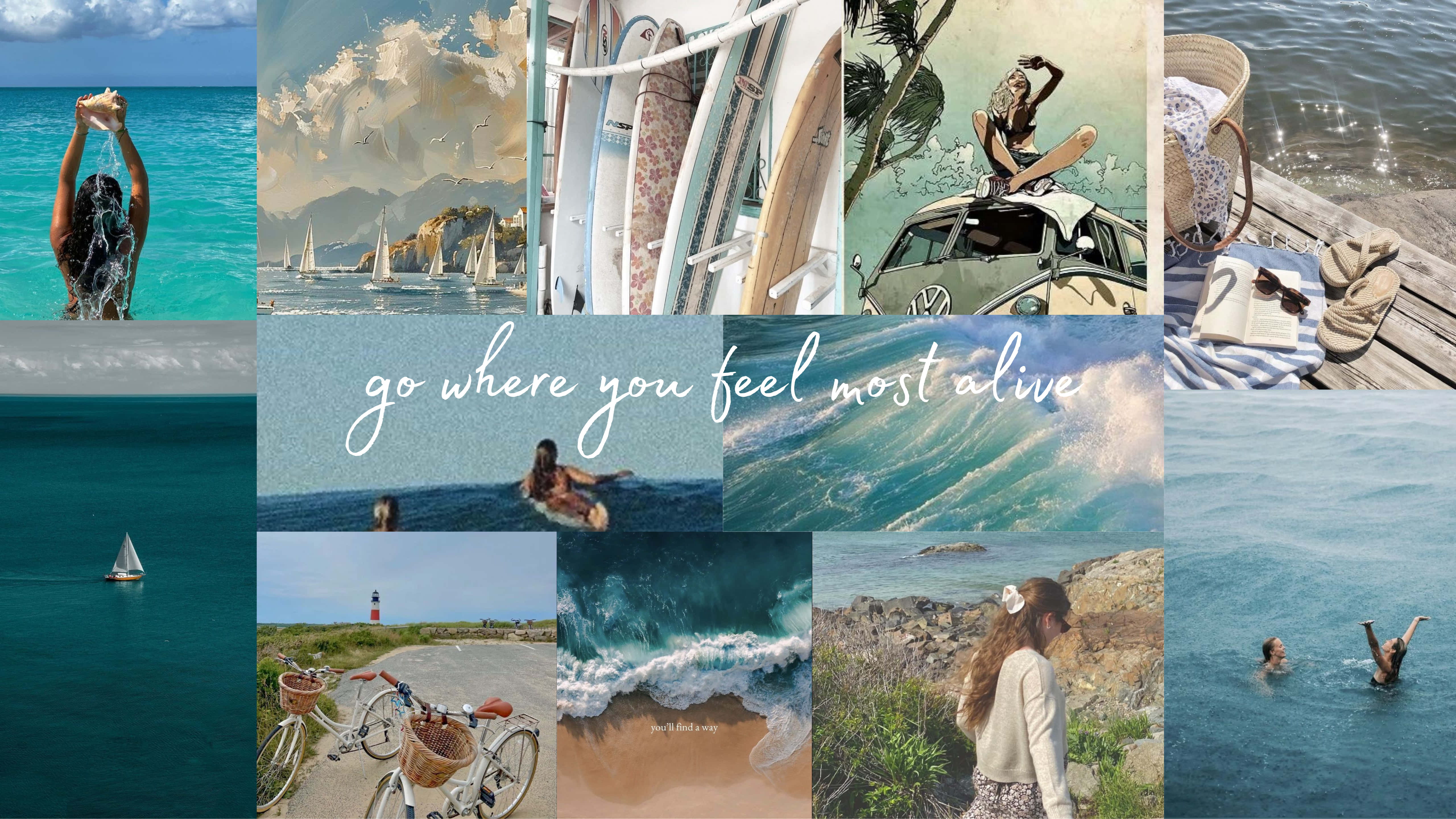 'pumunta ka kung saan ka pinakamasarap mabuhay' beach at ocean aesthetic collage wallpaper para sa computer Wallpaper