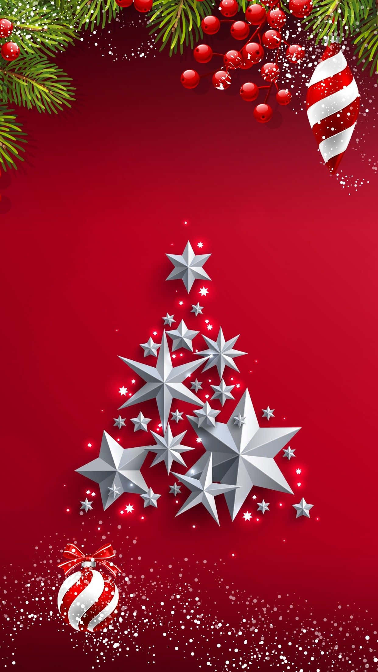 puno ng pasko na may mga bituin sa pulang background Wallpaper