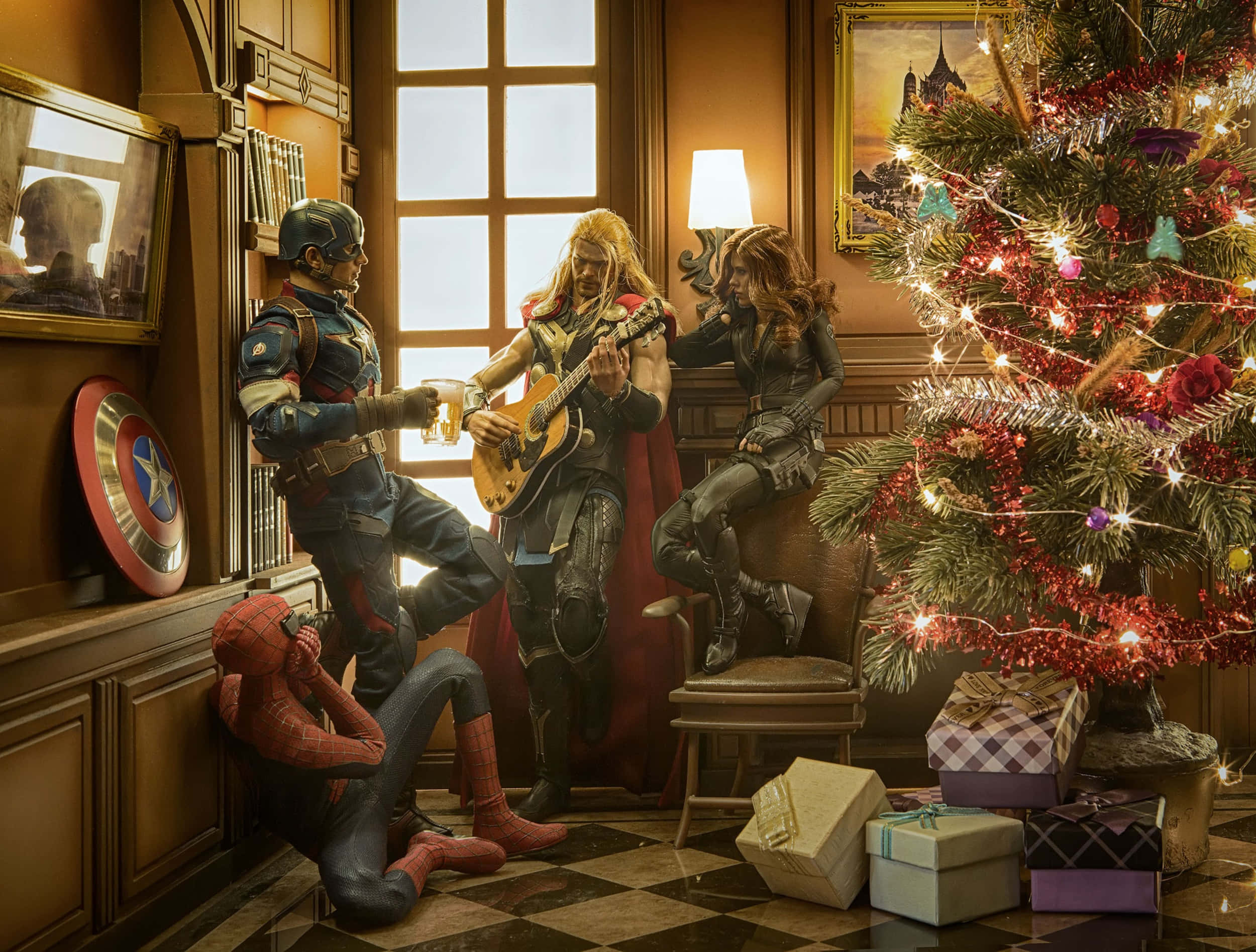 Puno ng Pasko ng Marvel na may mga Superhero Wallpaper