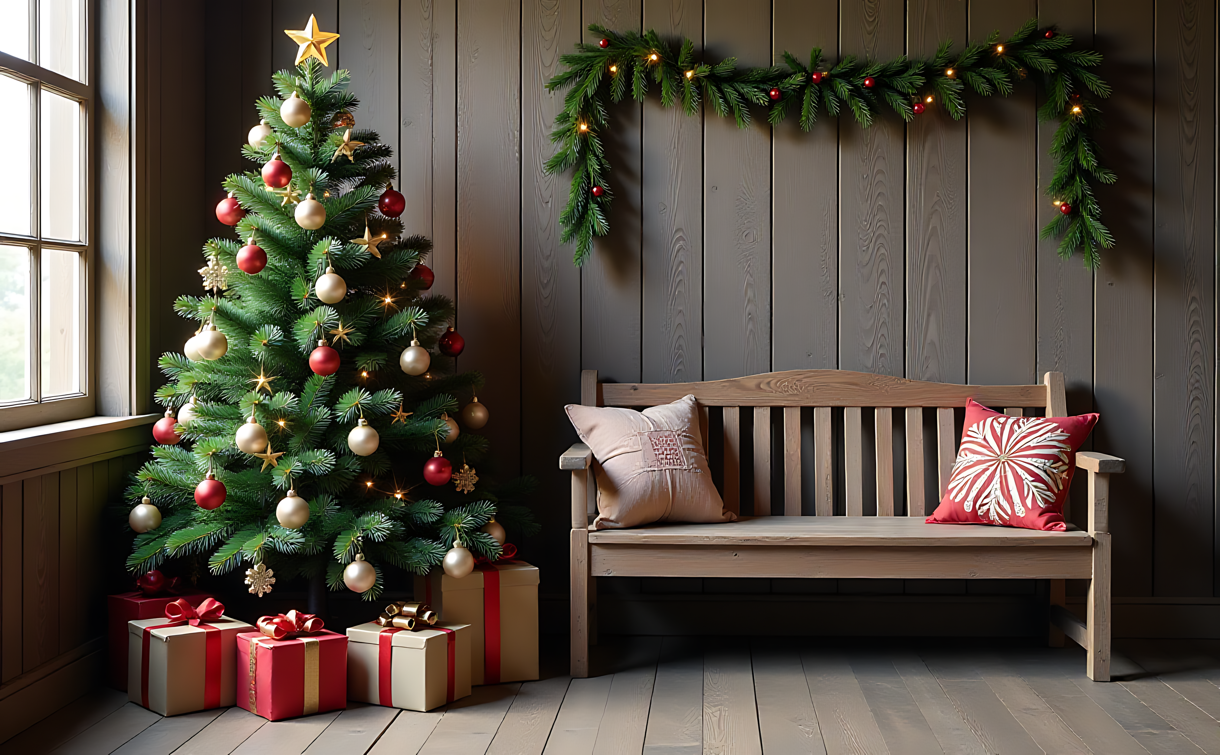 Punong Pasko na pinalamutian ng mga ilaw Wallpaper