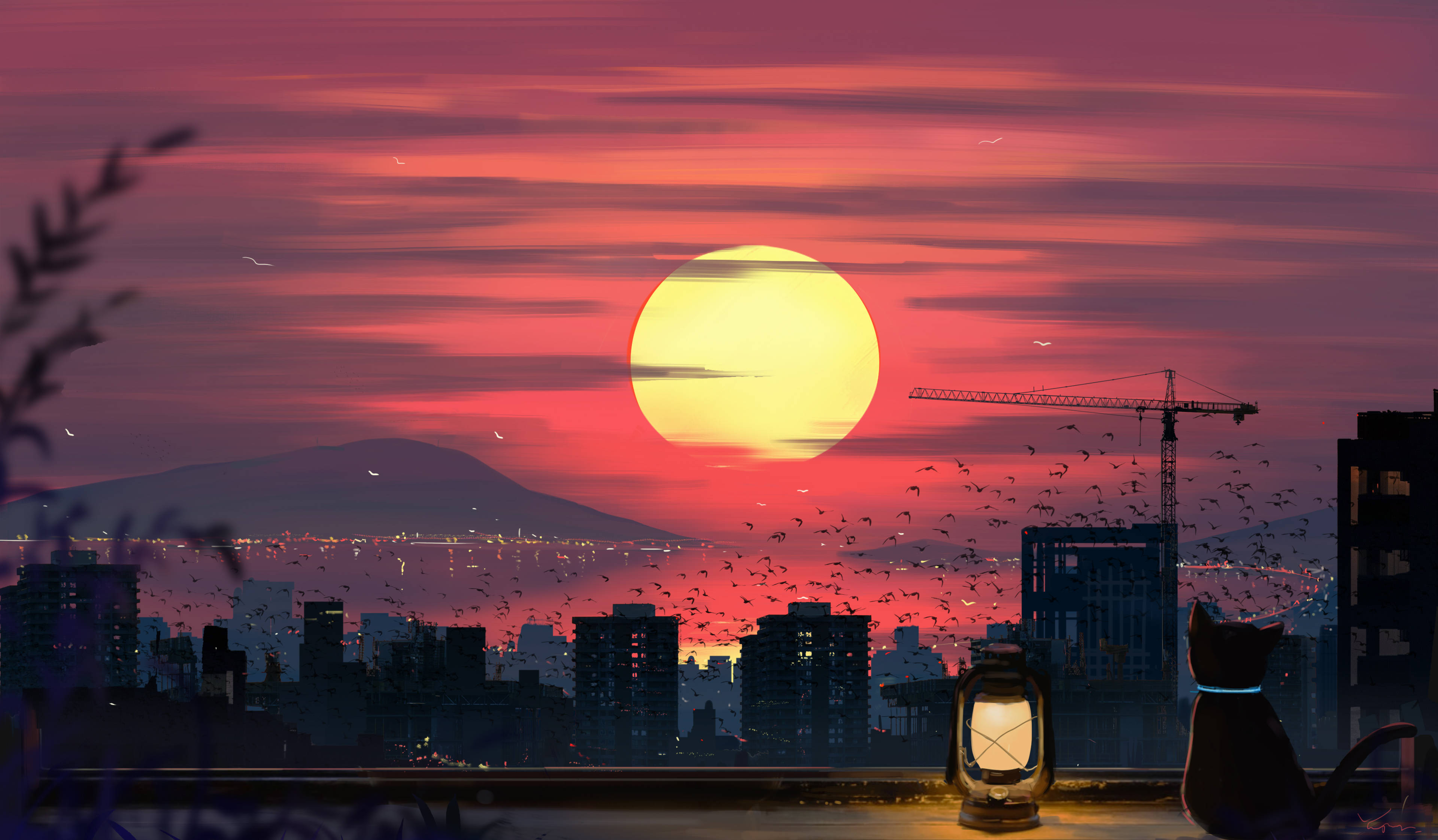 Pusa at Paglubog ng Araw na Lock Screen ng Kompyuter Wallpaper