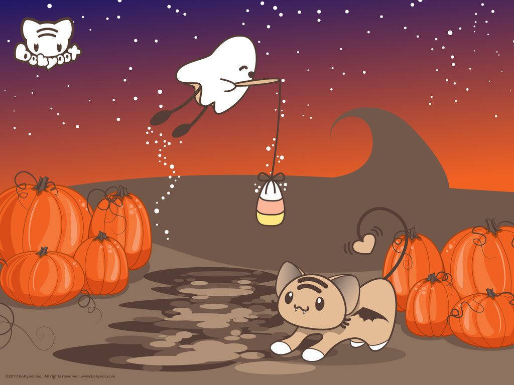 Pusa na Nag-uunat para sa Halloween Wallpaper