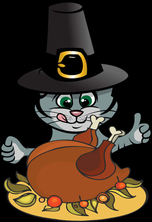 Pusa ng Pasasalamat na may Turkey at Sombrero ng Pilgrim Wallpaper