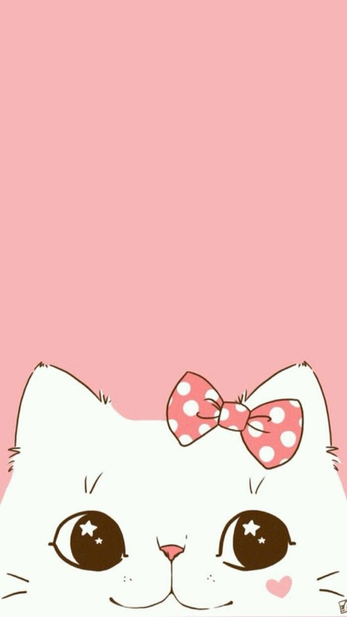 Pusang Kartun na Puti na may Pink na Laso Wallpaper