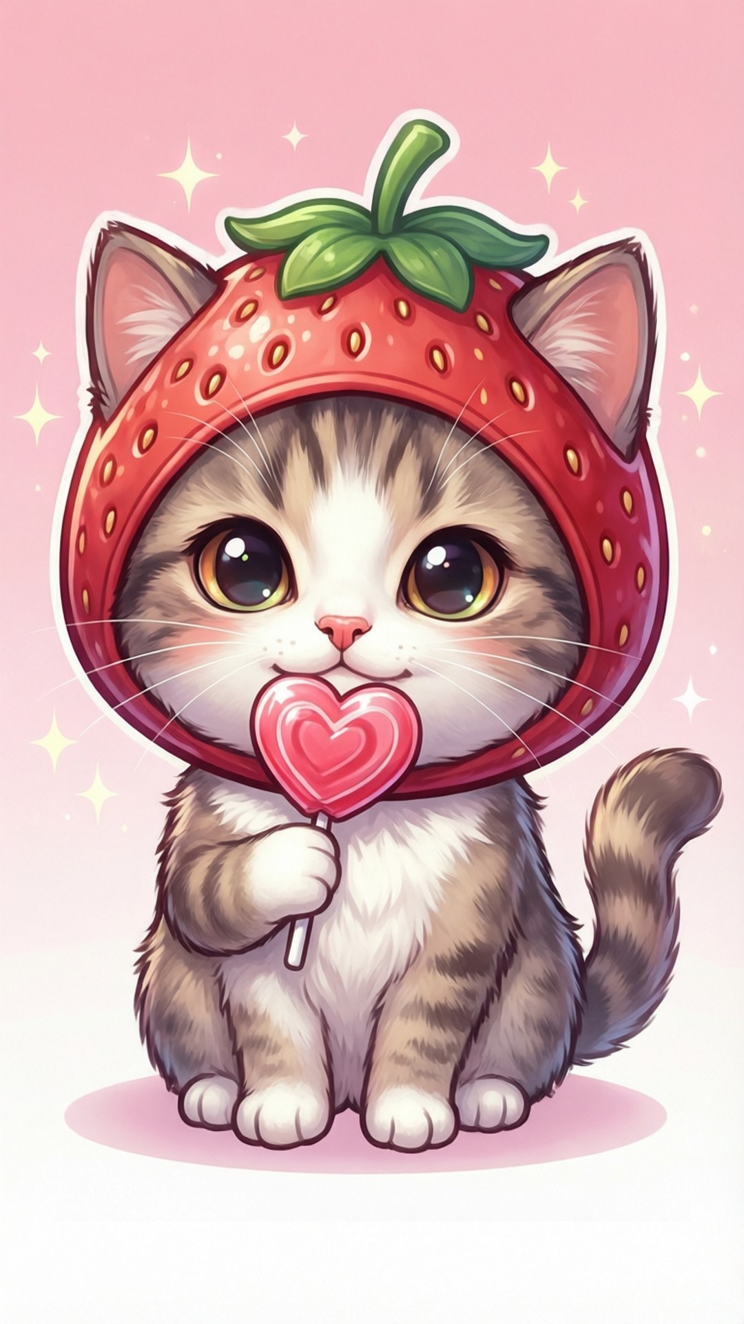 Pusang Strawberry na may Lollipop Wallpaper