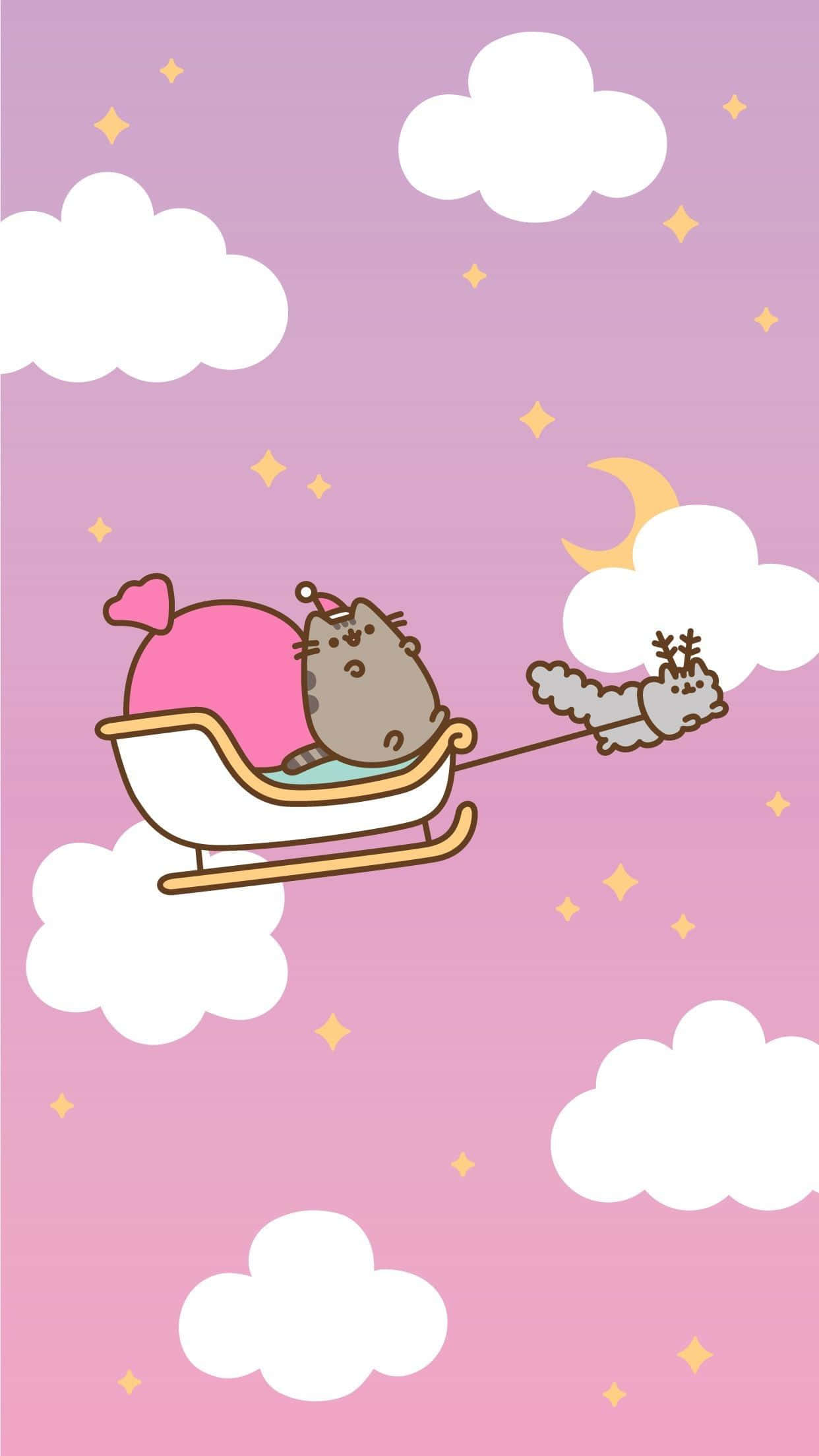 Pusheen Cat Sleigh na Pink Christmas Wallpaper