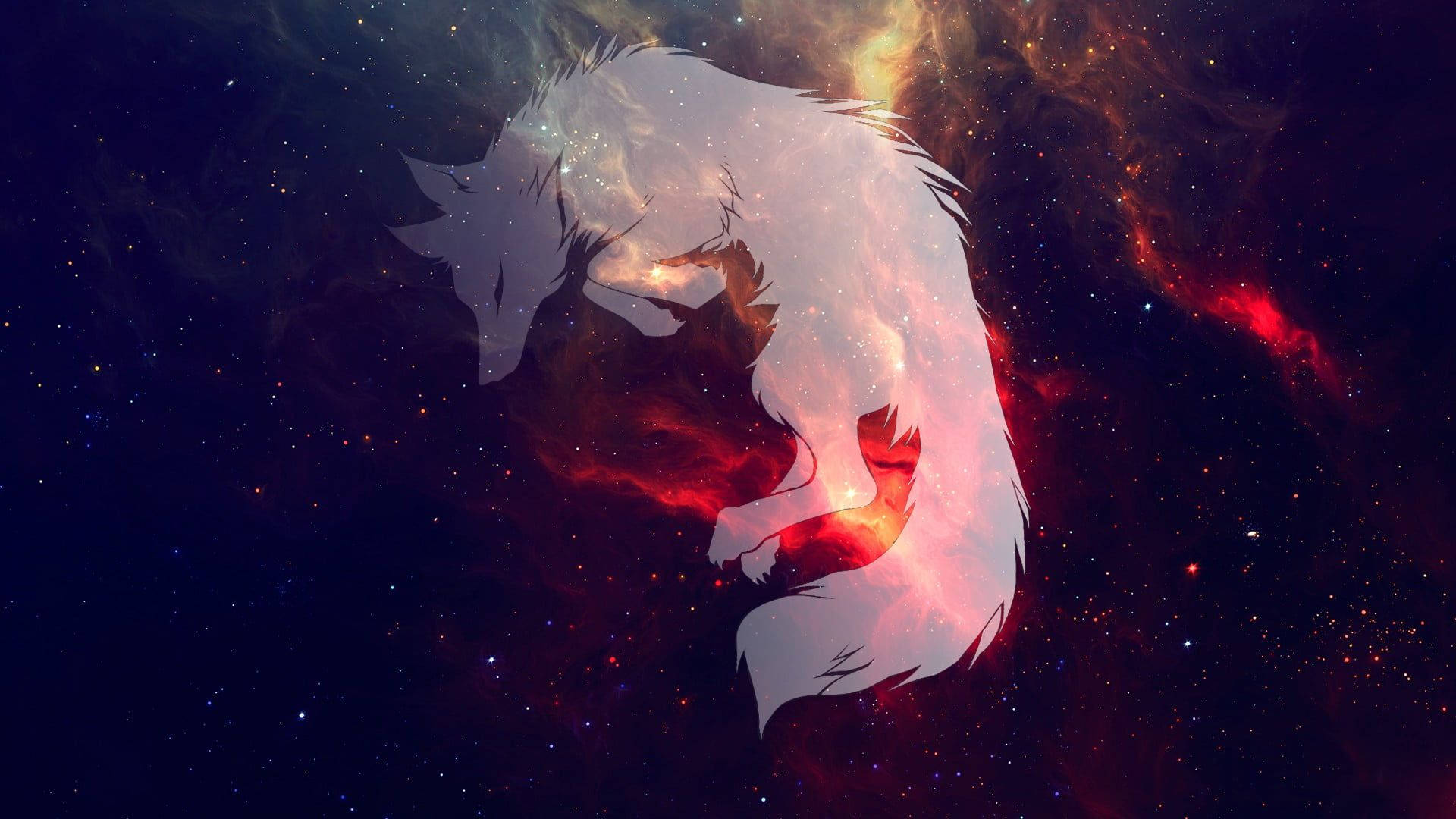 Puting Silweta ng Galaxy Wolf Wallpaper